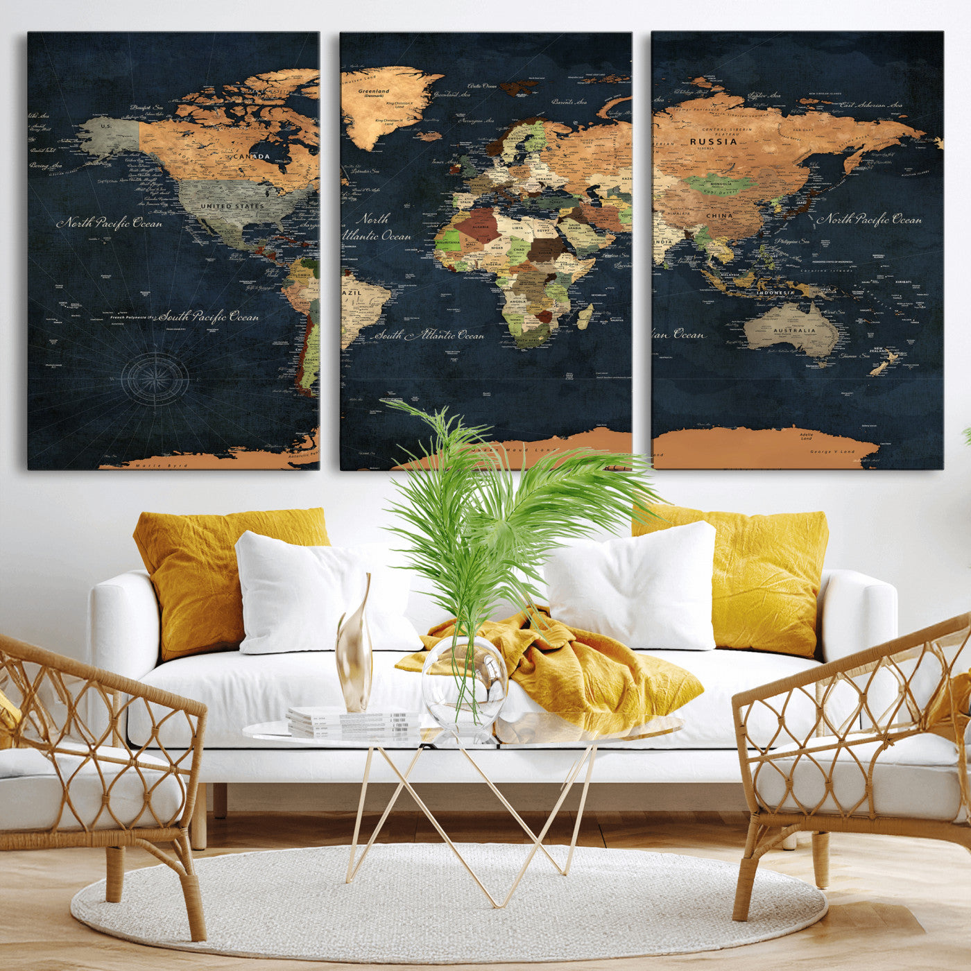 53717402-MGV-CV-36X24 - World Map Wall Art Canvas Print, Modern Decorative Framed Map Artwork Prints for Living Room, Office, Bedroom Wall Decor