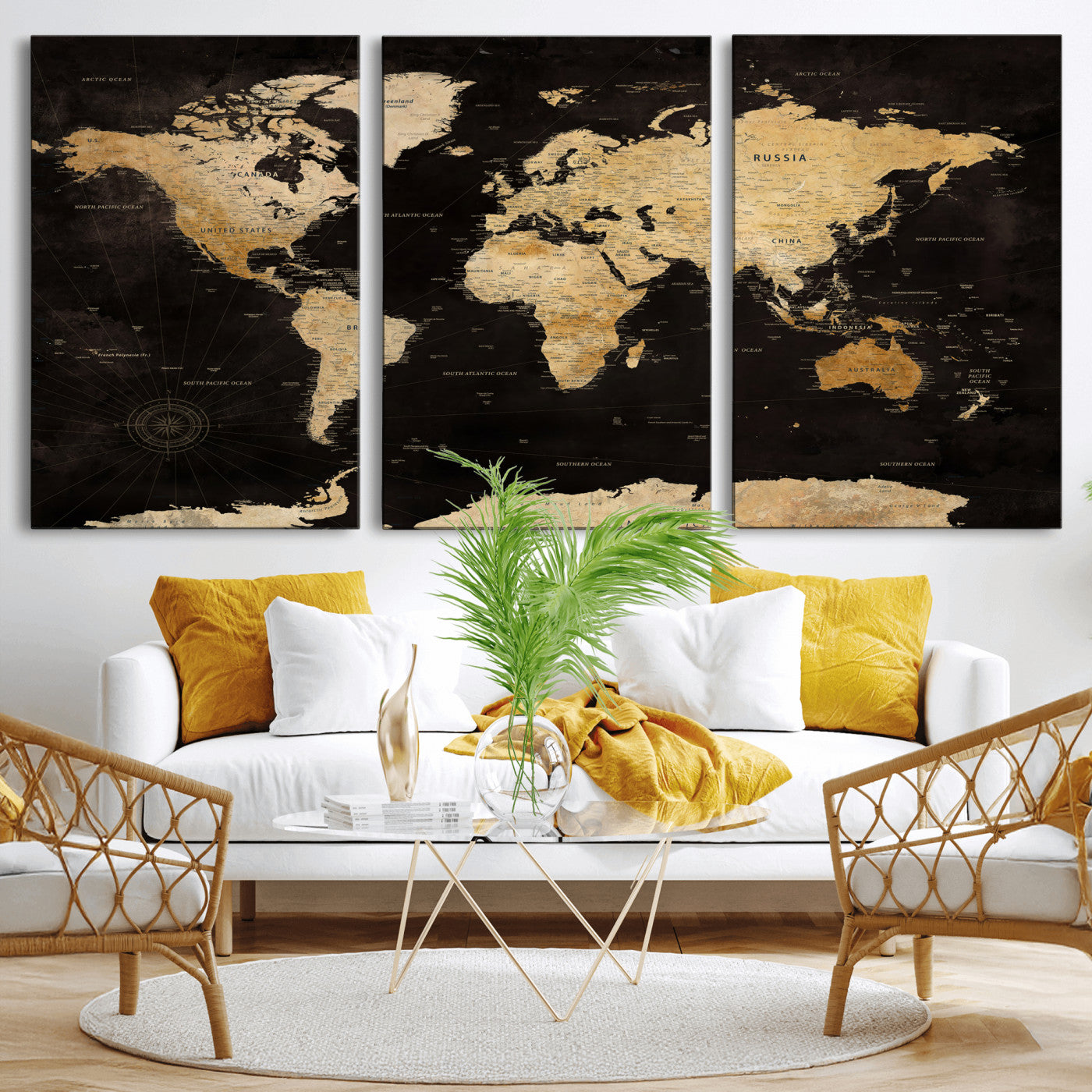 70468159-MGV-CV-36X24 - World Map Wall Art Canvas Print, Modern Decorative Framed Map Artwork Prints for Living Room, Office, Bedroom Wall Decor