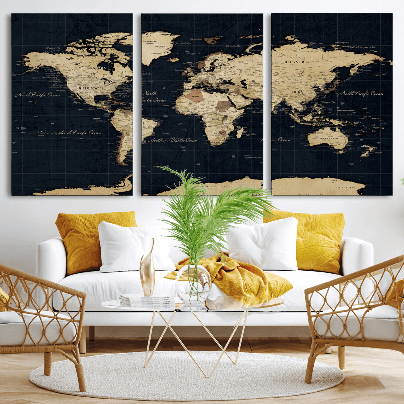 45063434-MGV-CV-36X24 - World Map Wall Art Canvas Print, Modern Decorative Framed Map Artwork Prints for Living Room, Office, Bedroom Wall Decor