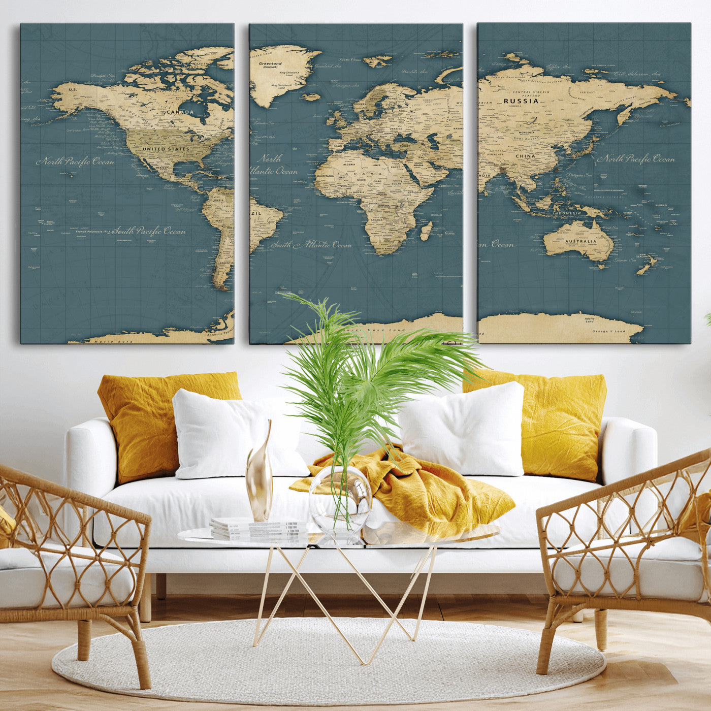 99599383-MGV-CV-36X24 - World Map Wall Art Canvas Print, Modern Decorative Framed Map Artwork Prints for Living Room, Office, Bedroom Wall Decor