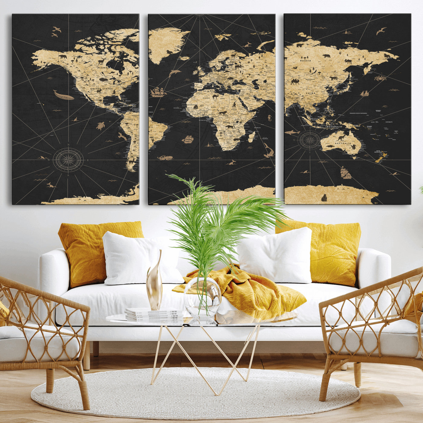 80270976-MGV-CV-36X24 - World Map Wall Art Canvas Print, Modern Decorative Framed Map Artwork Prints for Living Room, Office, Bedroom Wall Decor