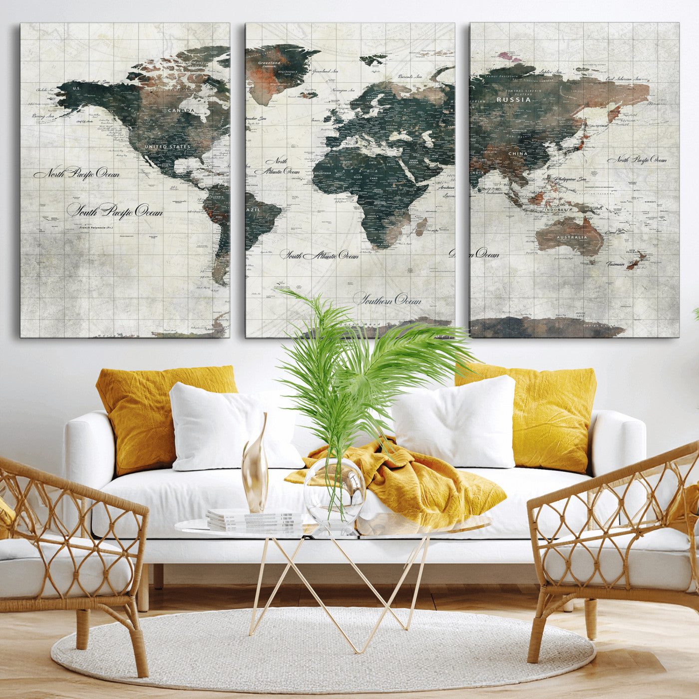 91179593-MGV-CV-36X24 - World Map Wall Art Canvas Print, Modern Decorative Framed Map Artwork Prints for Living Room, Office, Bedroom Wall Decor