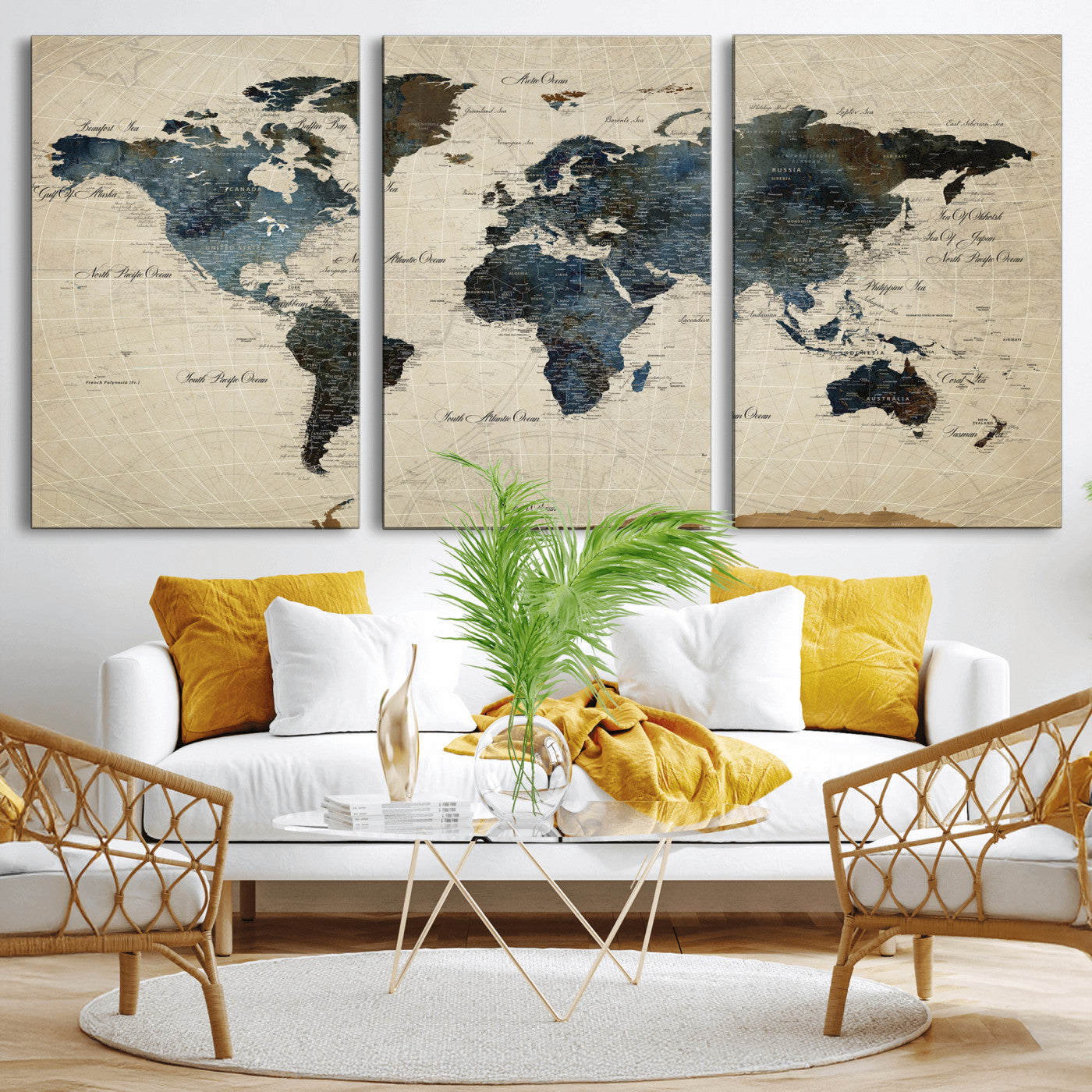72927803-MGV-CV-36X24 - World Map Wall Art Canvas Print, Modern Decorative Framed Map Artwork Prints for Living Room, Office, Bedroom Wall Decor