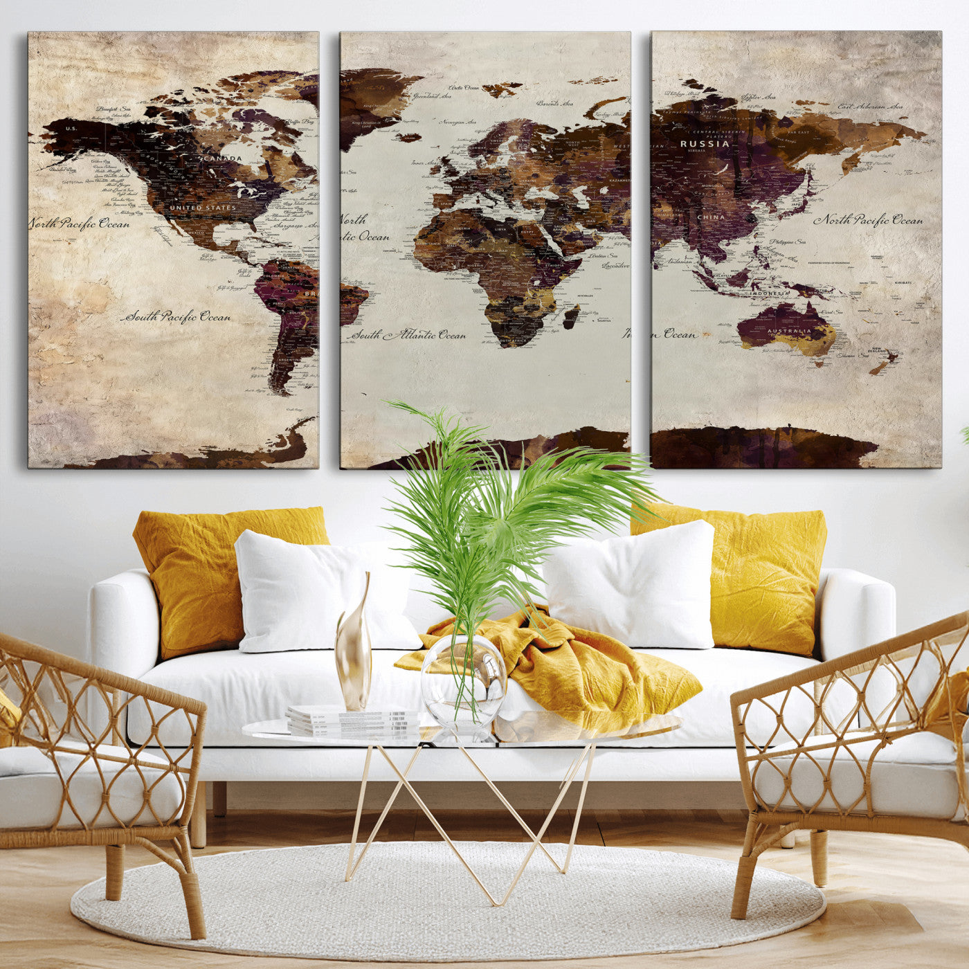 50611123-MGV-CV-36X24 - World Map Canvas Triptych – Colorful Global Wall Art for Living Rooms, Offices, and Study Spaces