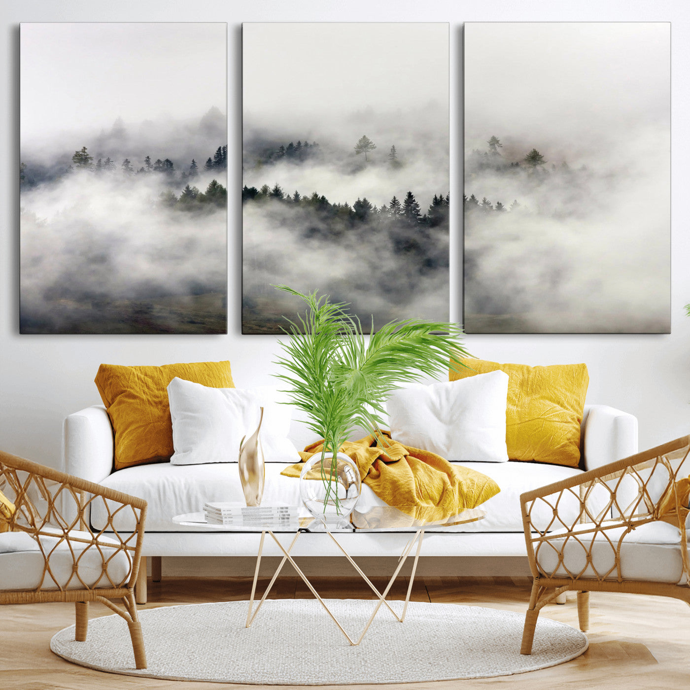 63235457-MGV-CV-36X24 - Foggy Forest Wall Art Canvas Print, Misty Pine Tree Landscape Wall Art Print, Framed Wall Art Ready to Hang
