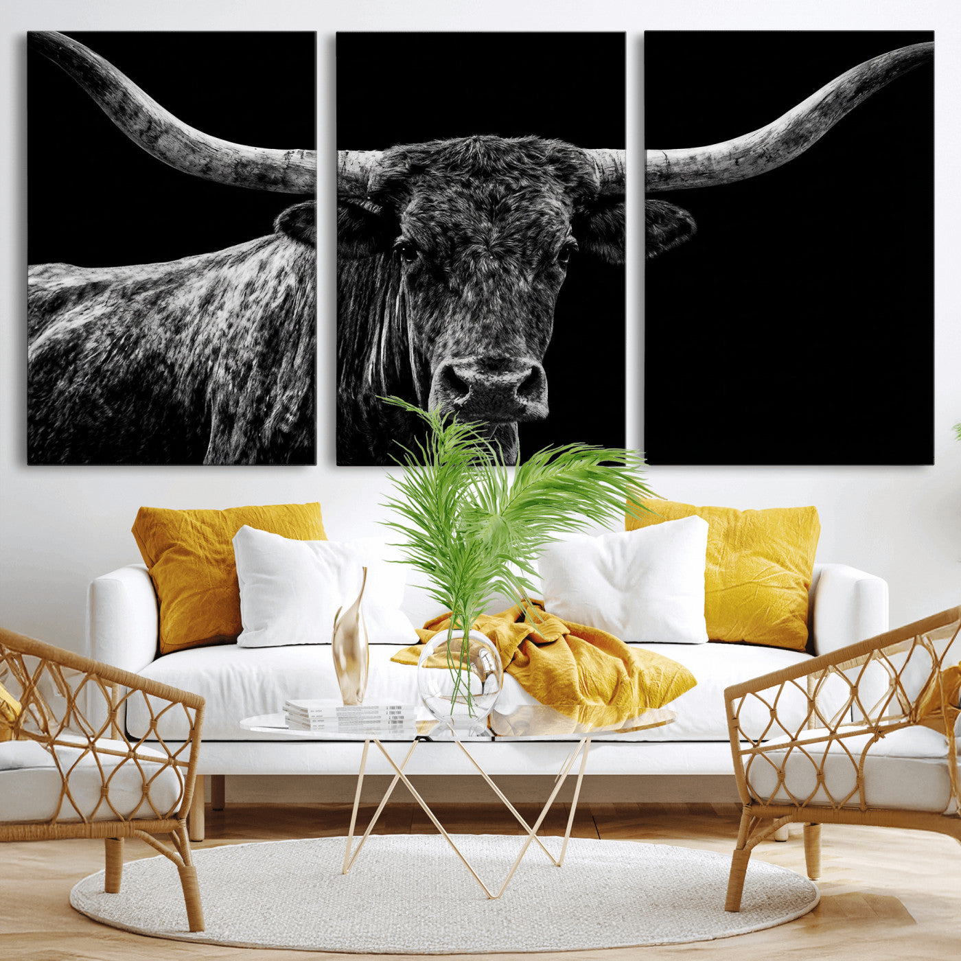 86568508-MGV-CV-36X24 - Vintage Texas Longhorn Bull Wall Art Canvas Print, Texas Cow Portrait Print, Framed Bull Wall Art Ready to Hang
