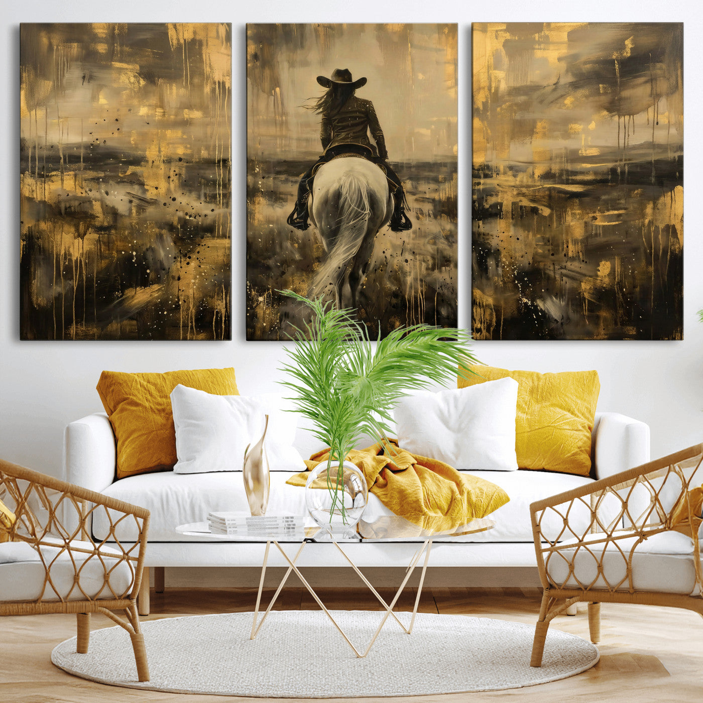 20465530-MGV-CV-36X24 - Cowgirl Wall Art Canvas Print, Western Horse Rider Wall Art, Framed Wall Art Ready to Hang
