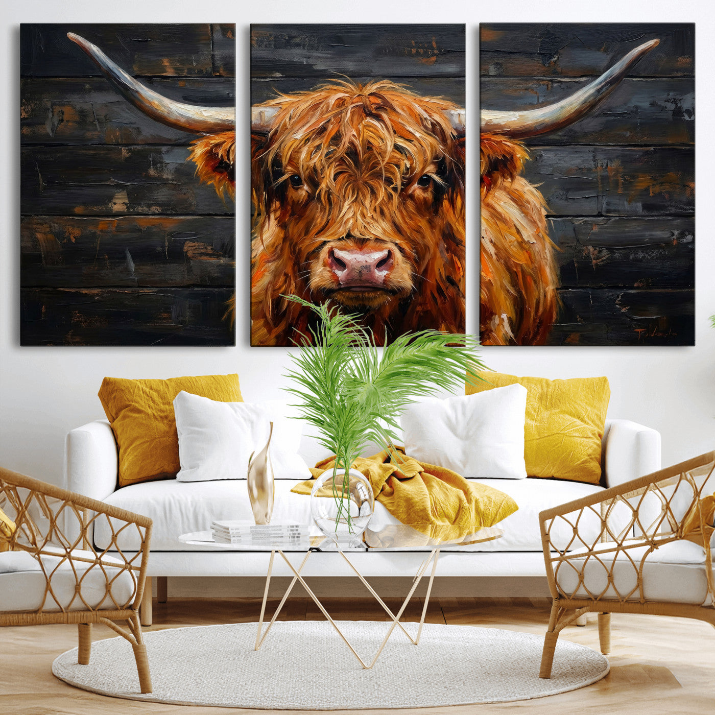 32536611-MGV-CV-36X24 - Highland Cow Wall Art Canvas Print, Rustic Farm Animal Painting, Framed Wall Art Ready to Hang