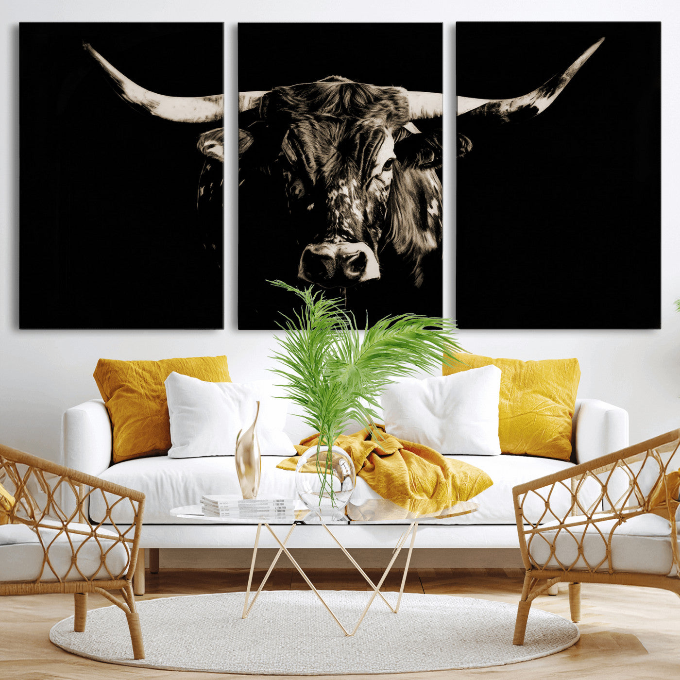 75774468-MGV-CV-36X24 - Black Bull Wall Art Canvas Print, Dark Longhorn Portrait Photography, Framed Wall Art Ready to Hang