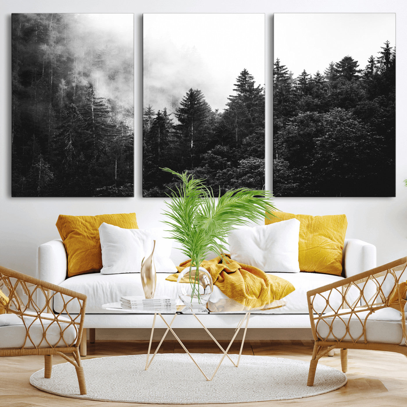 98764151-MGV-CV-36X24 - Black and White Forest Wall Art Canvas Print, Misty Pine Tree Landscape Photography, Framed Wall Art Ready to Hang