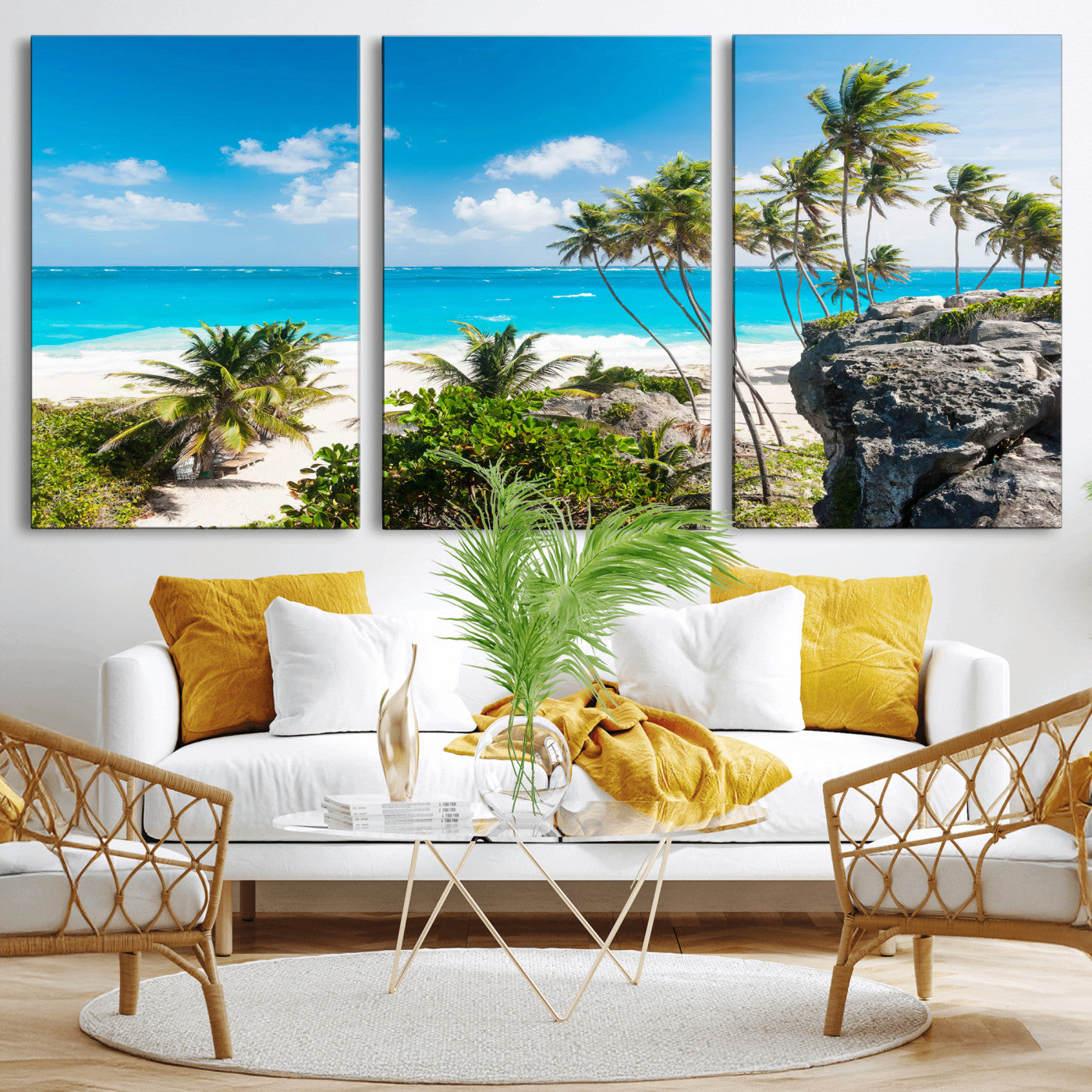 79995168-MGV-CV-36X24 - Barbados Beach Wall Art Canvas Print, Palm Tree Ocean Landscape, Turquoise Sea Coastal Photography, Tropical Island Wall Decor, Framed Ready to Hang