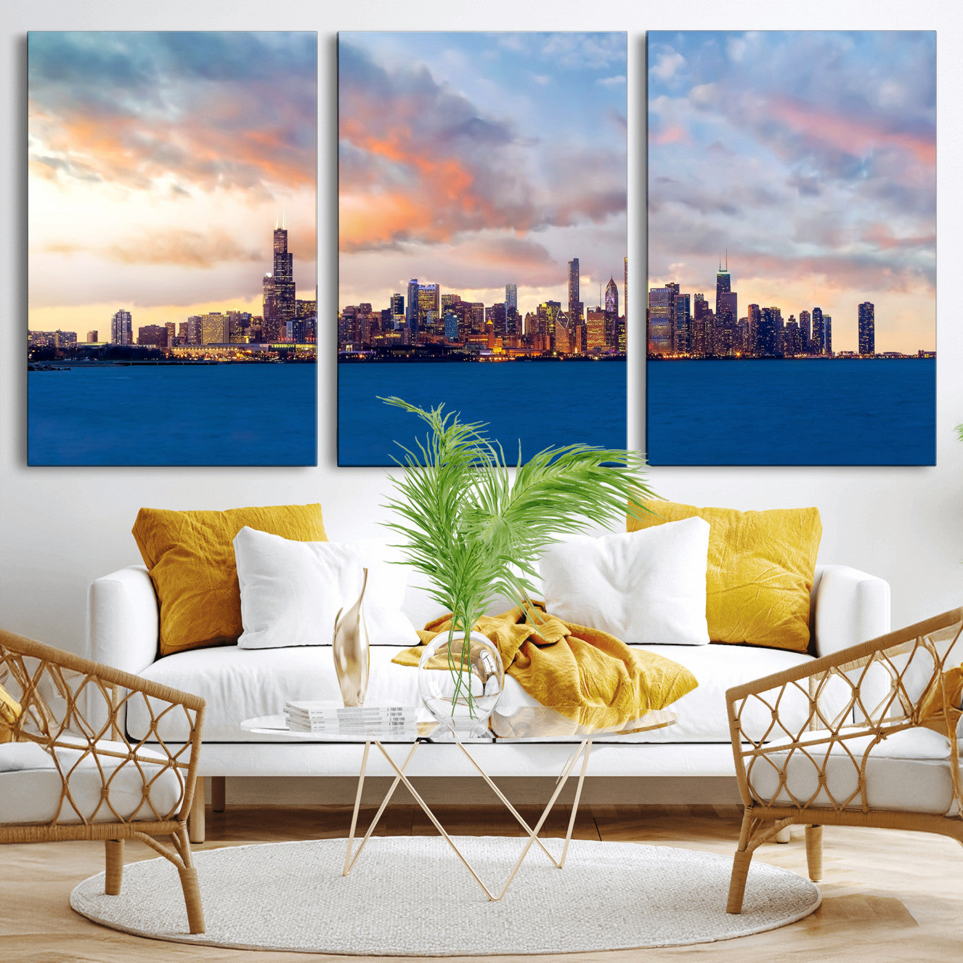34667960-MGV-CV-36X24 - Chicago Wall Art Canvas Print, Chicago City Downtown Night Cityscape Print for Modern Urban Wall Decor