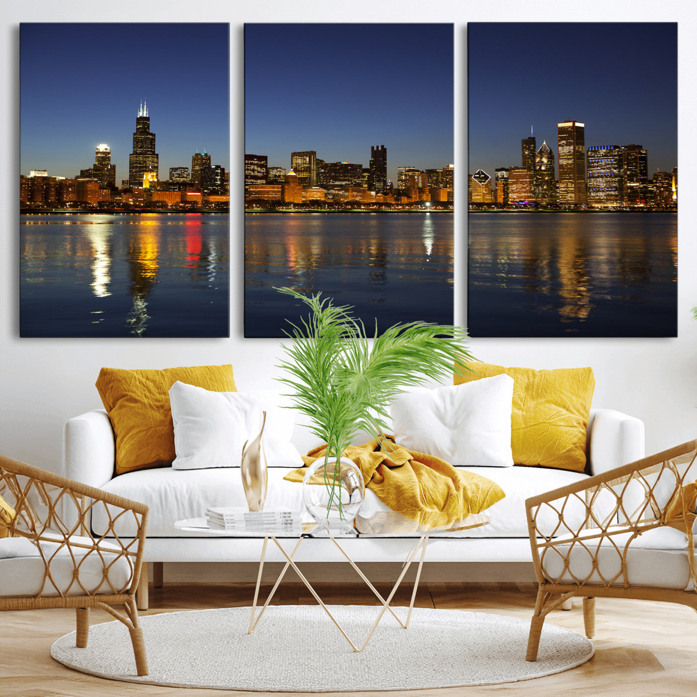 67308035-MGV-CV-36X24 - Chicago Wall Art Canvas Print, Chicago City Downtown Night Cityscape Print for Modern Urban Wall Decor