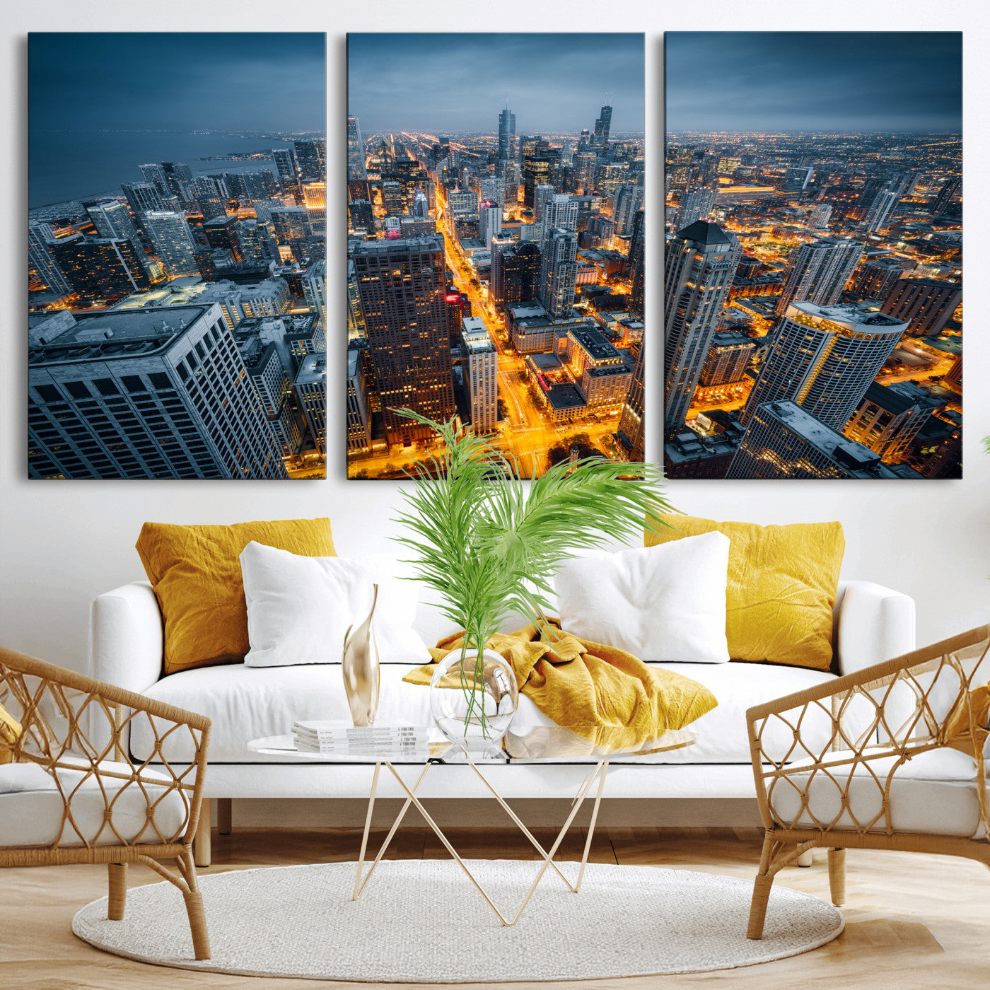 81742538-MGV-CV-36X24 - Chicago Wall Art Canvas Print, Chicago City Downtown Night Cityscape Print for Modern Urban Wall Decor