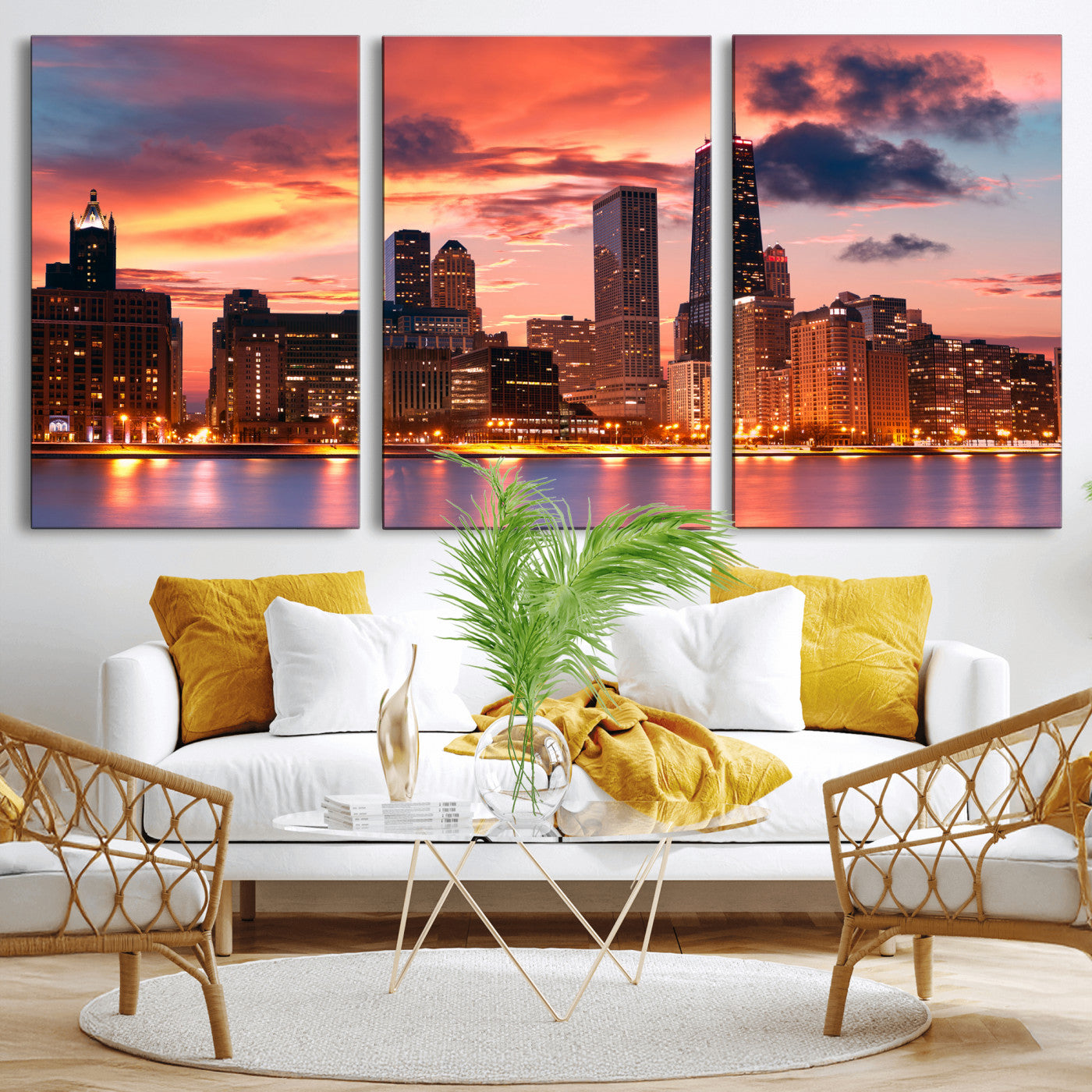 80390109-MGV-CV-36X24 - Chicago Wall Art Canvas Print, Chicago City Downtown Night Cityscape Print for Modern Urban Wall Decor