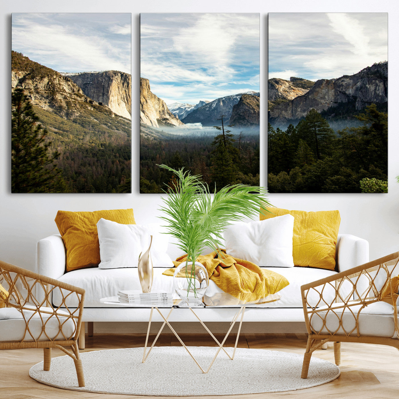 15089394-MGV-CV-36X24 - Yosemite Valley Mountain Landscape Wall Art Canvas Print, Granite Cliff Forest Valley Canvas Print, California National Park Scenic Art Printing