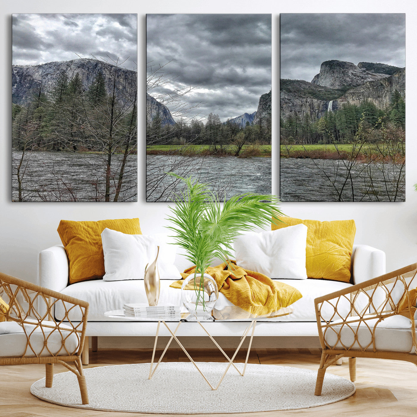 75582552-MGV-CV-36X24 - Yosemite Valley River Landscape Wall Art Canvas Print, Granite Cliffs Forest River Canvas Print, California National Park Moody Scenic Art Printi