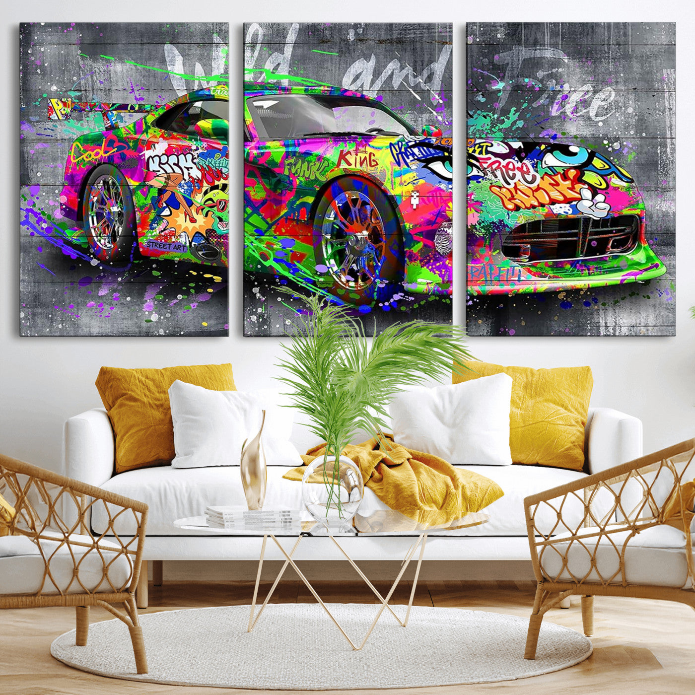 95314968-MGV-CV-36X24 - Graffiti Sports Car Street Art Wall Art Canvas Print, Colorful Urban Supercar Pop Art Canvas Print, Modern Graffiti Car Contemporary Art Printing