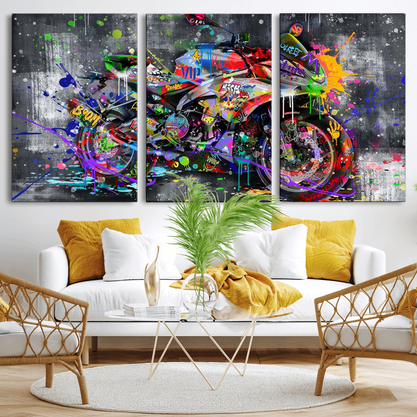 83021767-MGV-CV-36X24 - Graffiti Motorcycle Wall Art Canvas Print, Urban Street Art Motorbike Decor, Colorful Graffiti Sports Bike Artwork