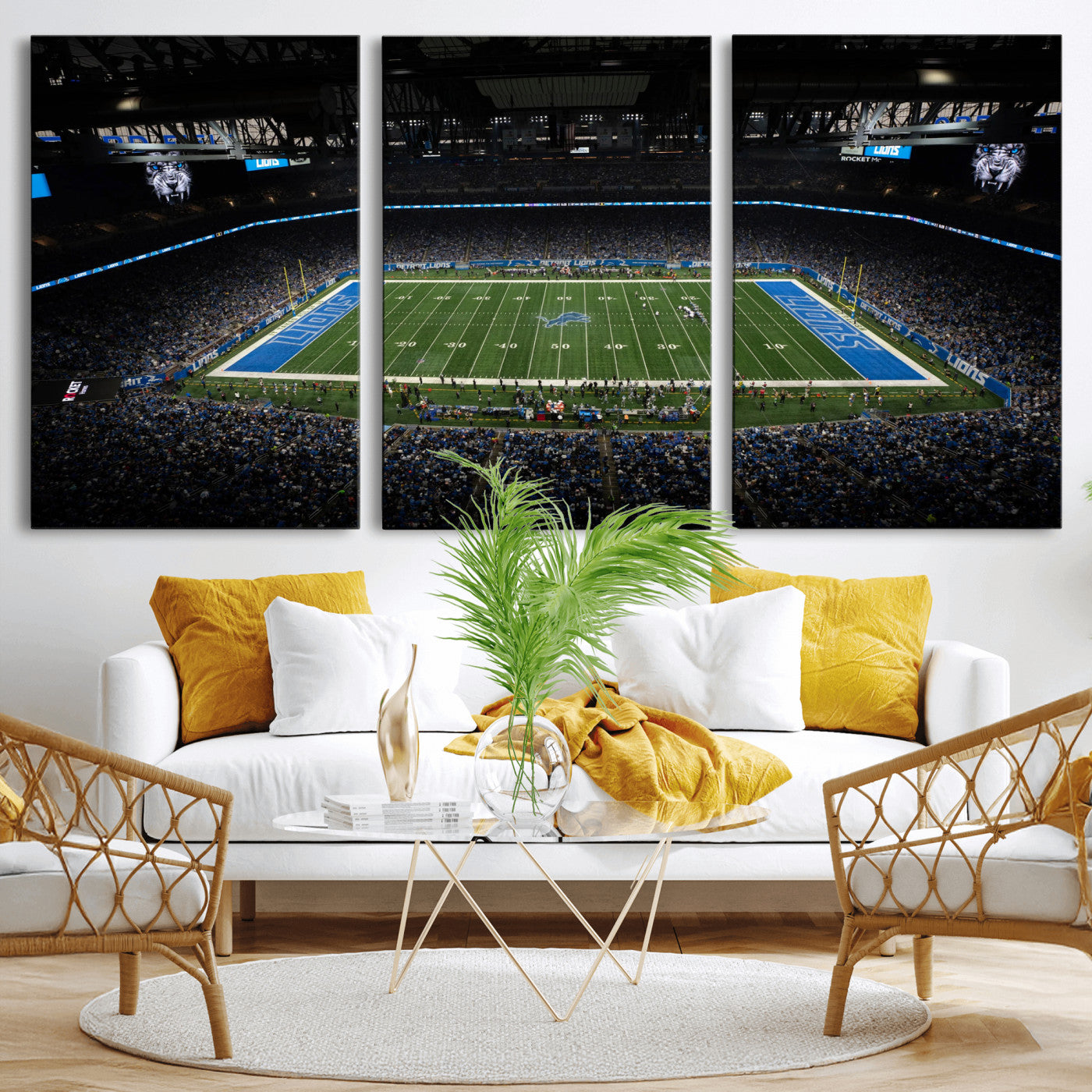 16709602-MGV-CV-36X24 - Detroit Lions Stadium Wall Art Canvas Print, Football Field Panorama Artwork, NFL Game Night Stadium Decor