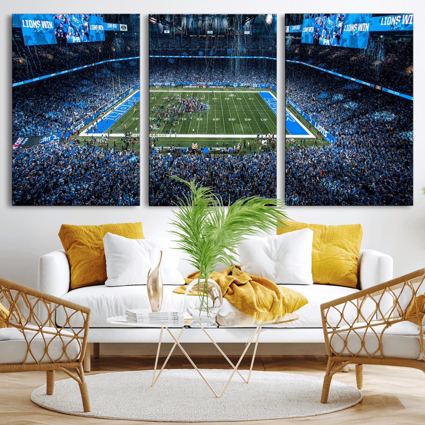 80882005-MGV-CV-36X24 - Detroit Lions Stadium Wall Art Canvas Print, Football Field Panorama Artwork, NFL Game Night Stadium Decor