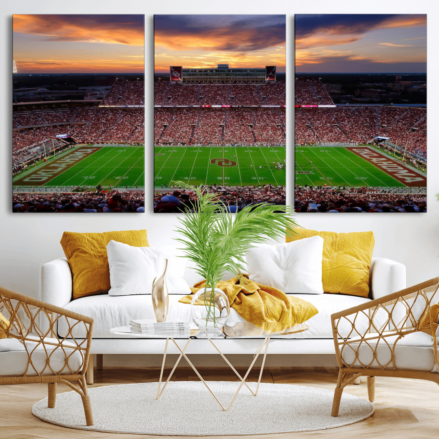 51457497-MGV-CV-36X24 - Oklahoma Sooners Stadium Wall Art Canvas Print, College Football Sunset Game Scene, OU Football Field Panorama Wall Decor