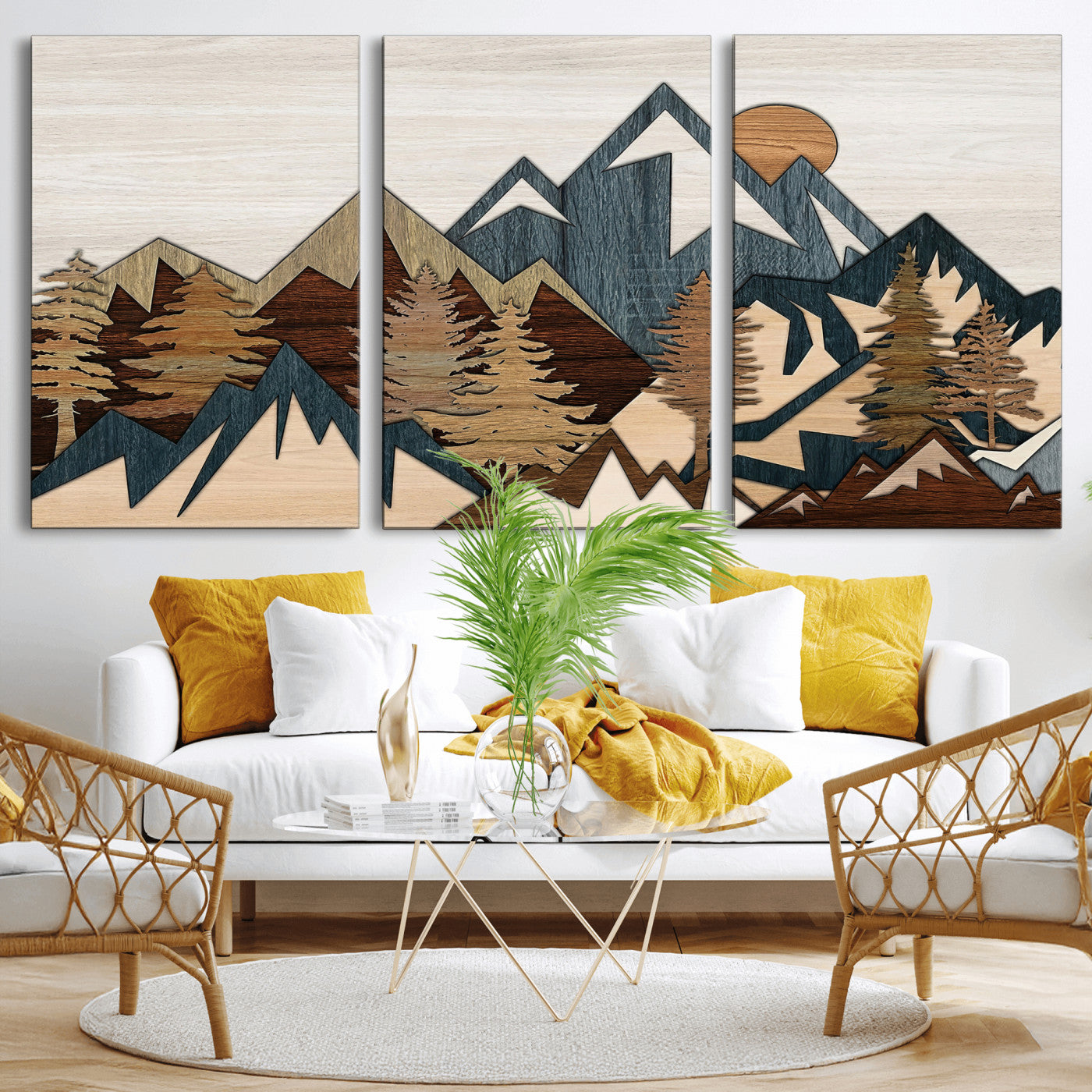 61833055-MGV-CV-36X24 - Mountain Forest Wall Art Canvas Print, Layered Wood Landscape Artwork, Rustic Nature Wall Decor for Living Room