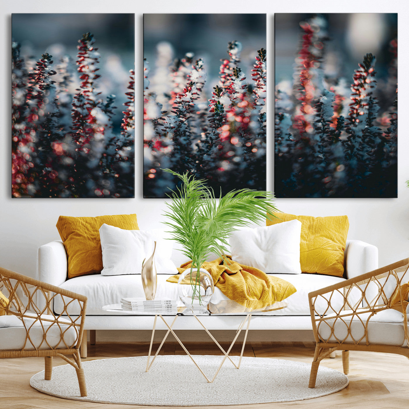 82063935-MGV-CV-36X24 - Winter Heather Wall Art Canvas Print, Frosted Floral Nature Art, Moody Botanical Wall Decor