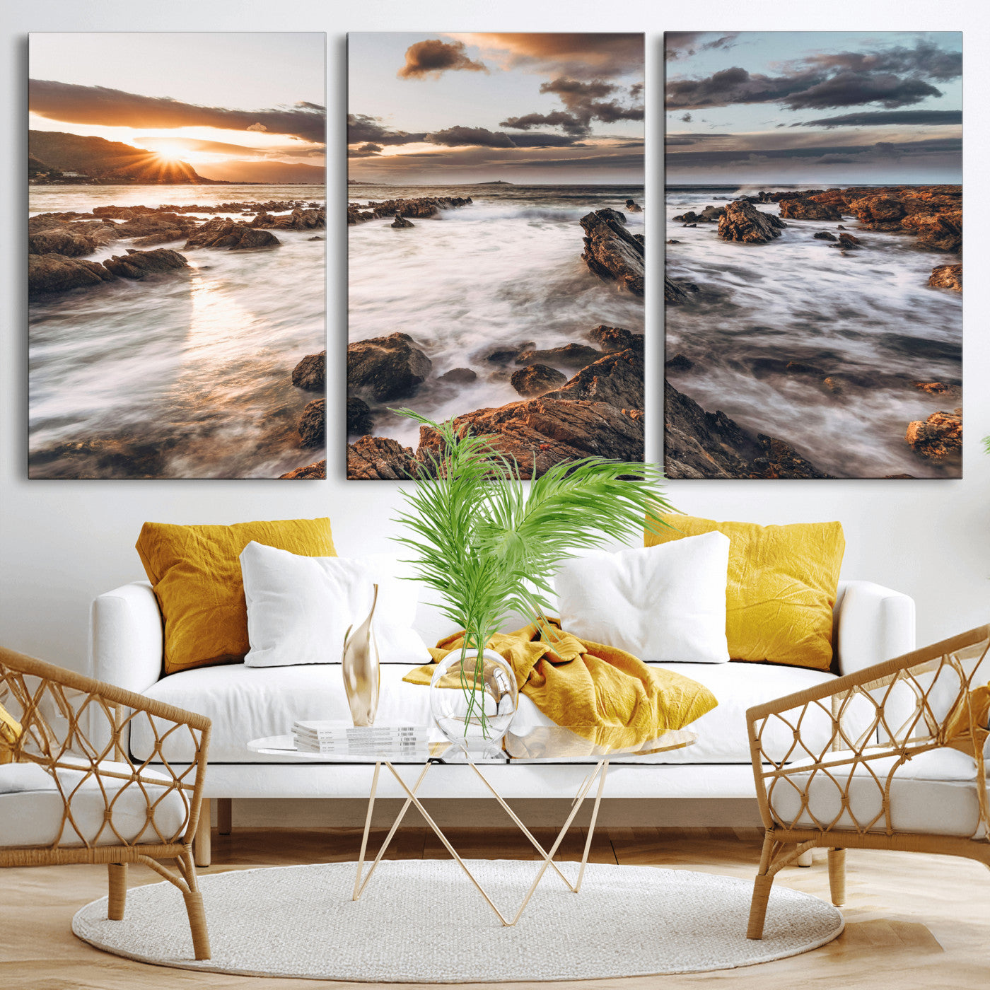 66746024-MGV-CV-36X24 - Rocky Coast Ocean Sunset Wall Art Canvas Print, Dramatic Seascape Nature Wall Decor for Living Room and Office