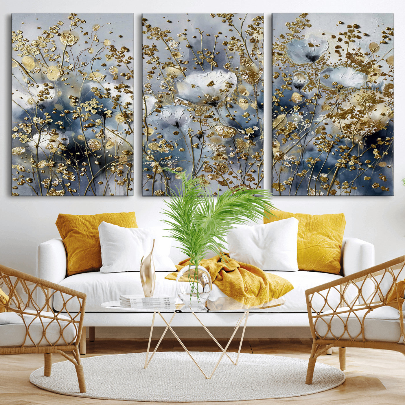 24499670-MGV-CV-36X24 - Abstract Floral Wall Art Canvas Print – Gold and Blue Botanical Artwork for Living Room, Bedroom, and Office Decor