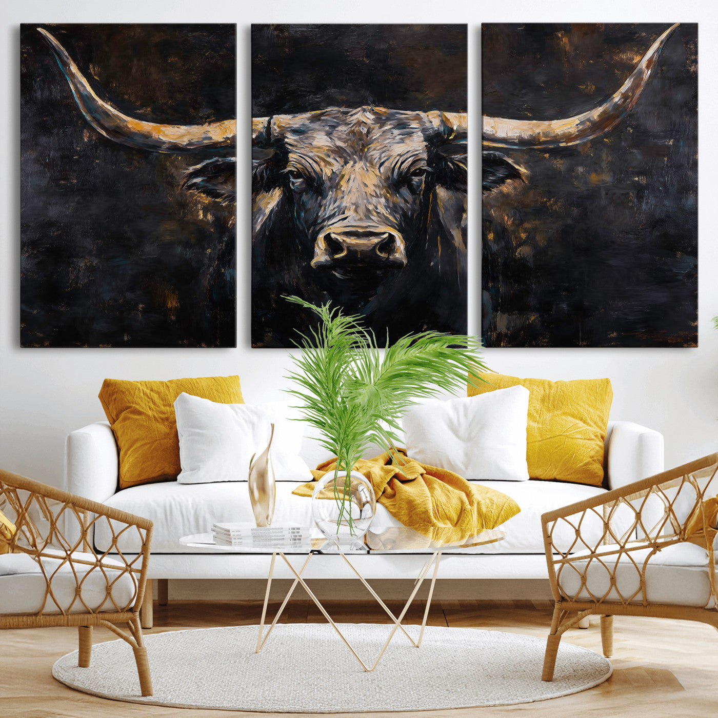17622011-MGV-CV-36X24 - Abstract Longhorn Bull Wall Art Canvas Print – Dark Rustic Western Cattle Artwork for Farmhouse, Ranch, Cabin, and Office Decor