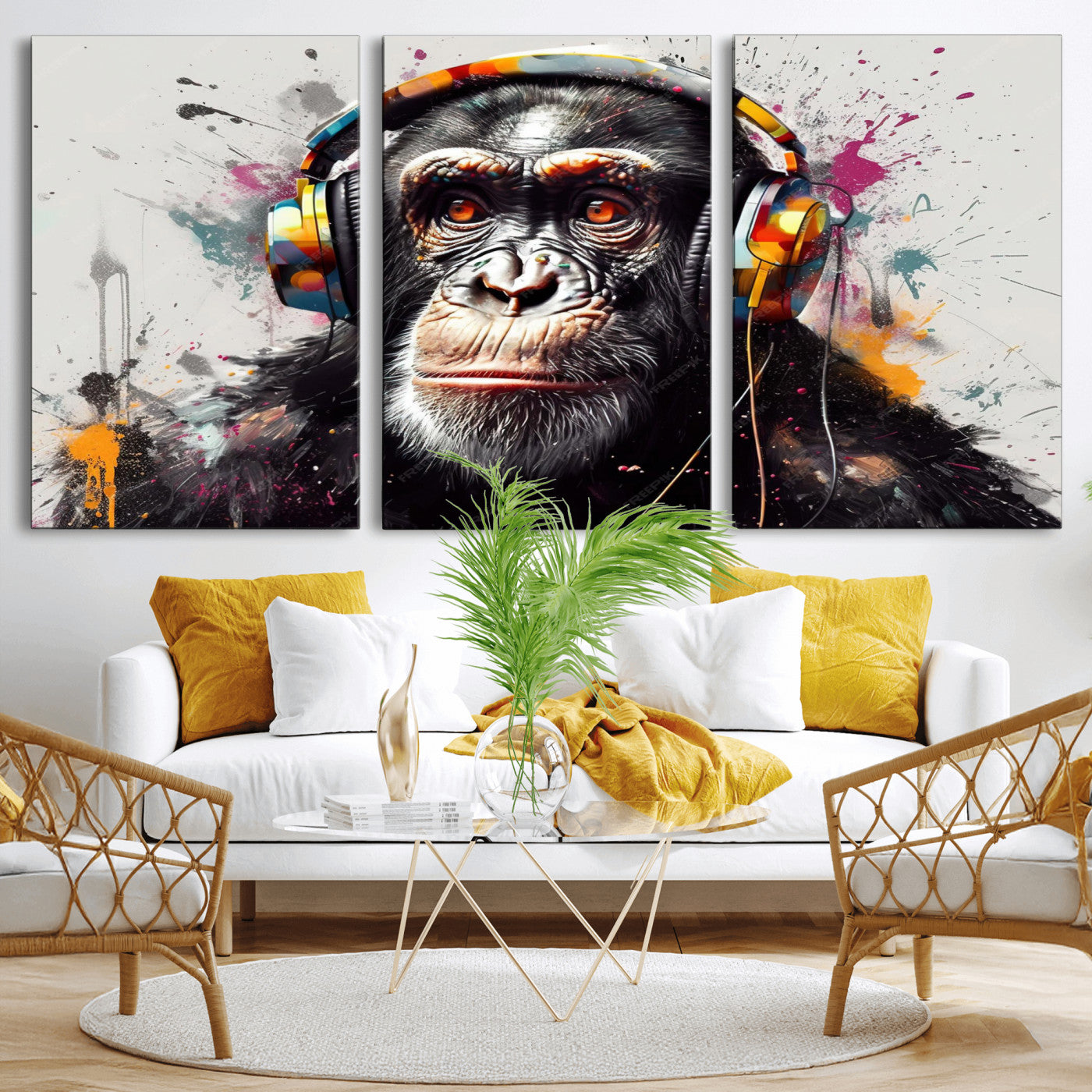 31244985-MGV-CV-36X24 - Dj Monkey Wall Art Canvas Print – Colorful Pop Art Banksy Graffiti Chimpanzee Print
