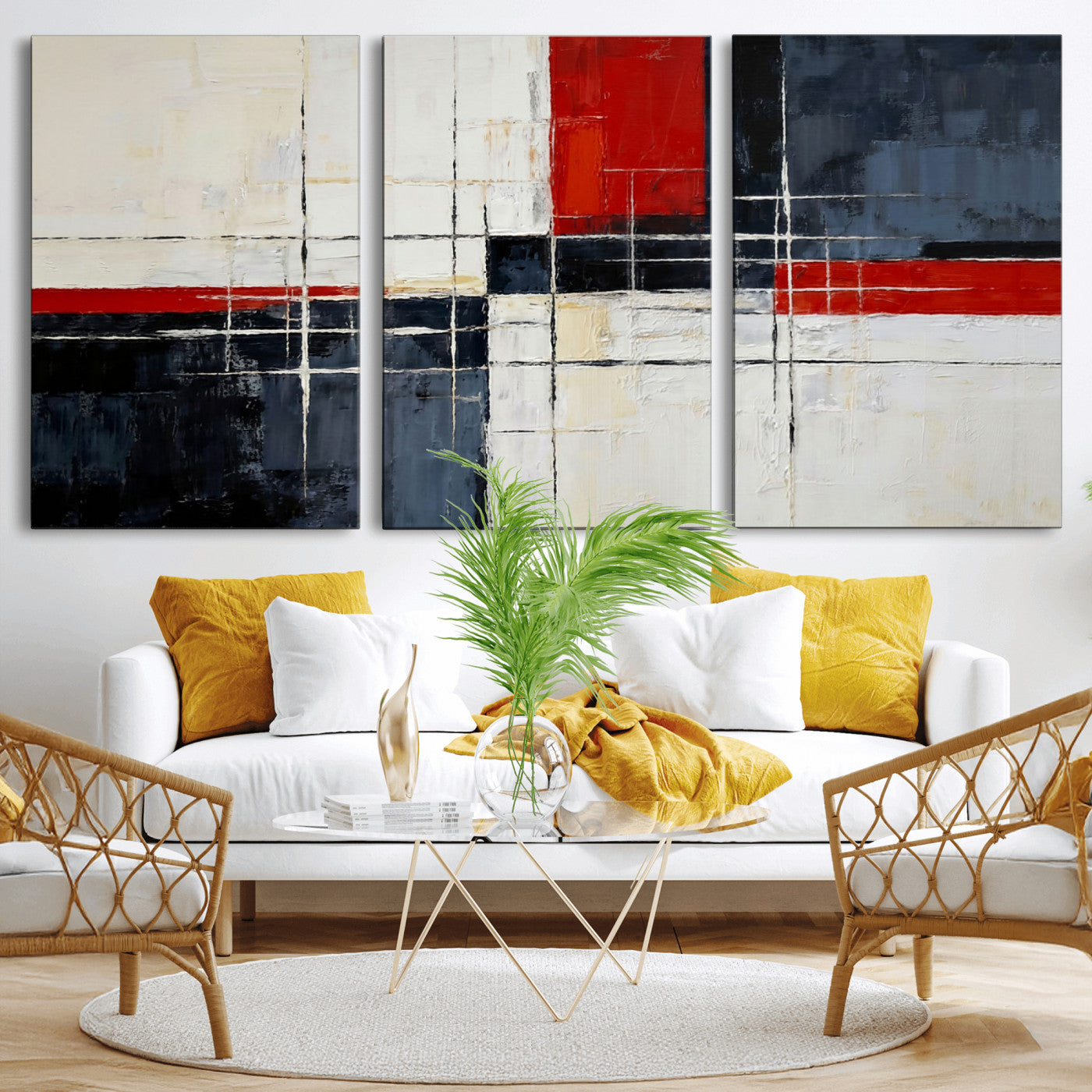 44088165-MGV-CV-36X24 - Navy Red Abstract Wall Art Canvas Print, Modern Luxury Geometric Painting Wall Decor for Living Room and Office