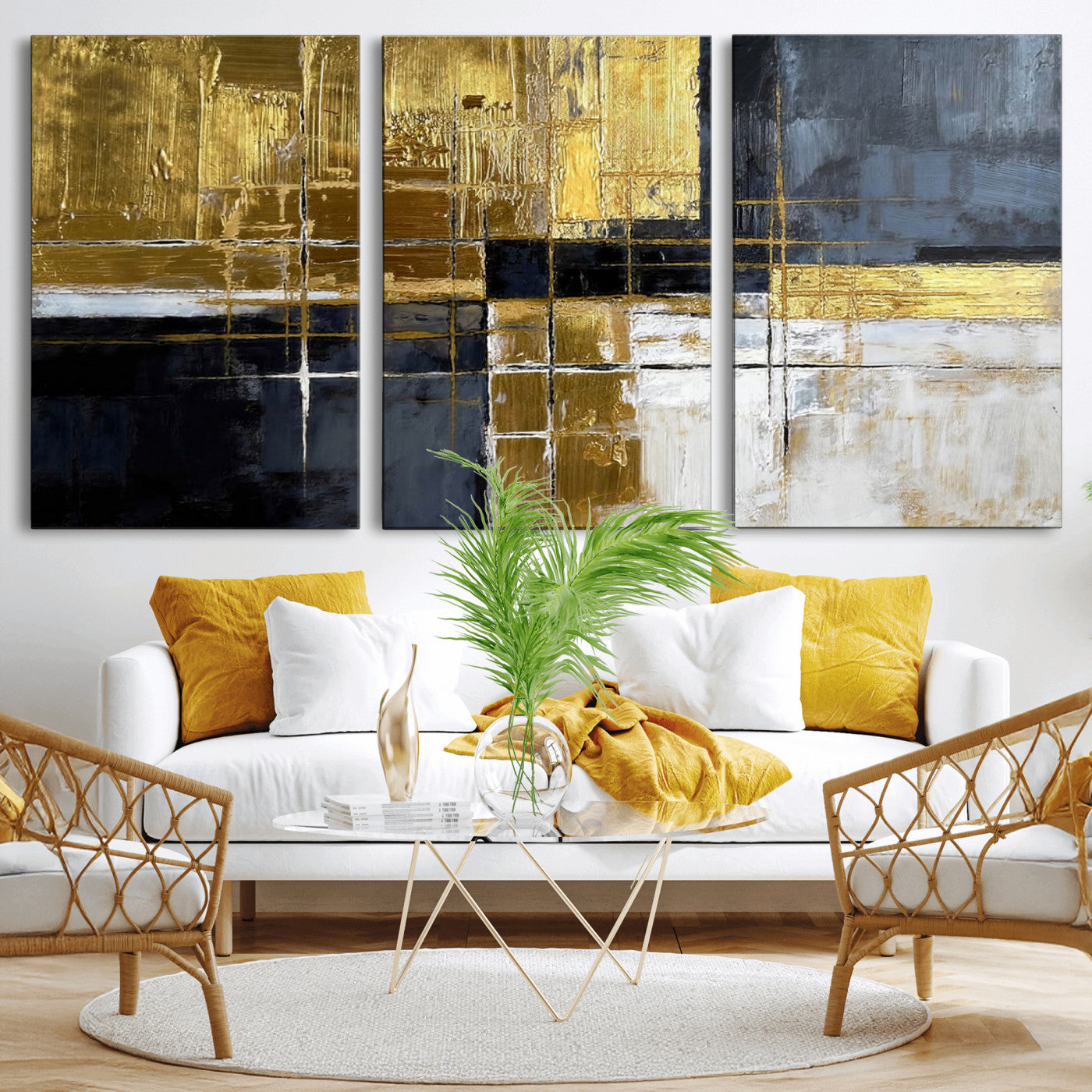 76917030-MGV-CV-36X24 - Gold Navy Abstract Wall Art Canvas Print, Modern Luxury Geometric Painting Wall Decor for Living Room and Office