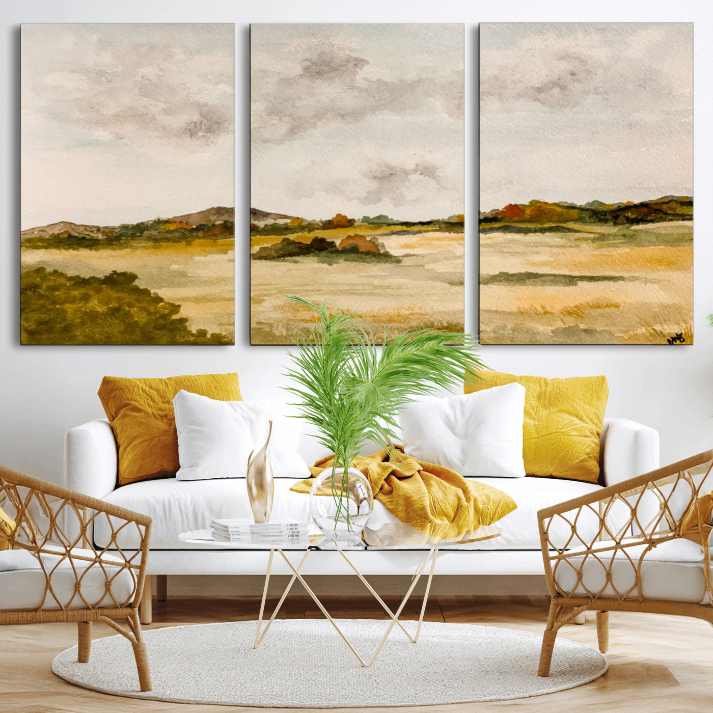 94151004-MGV-CV-36X24 - Watercolor Abstract Countryside Wall Art Canvas Print, Neutral Pastoral Landscape Painting Wall Decor for Modern Farmhouse Interiors