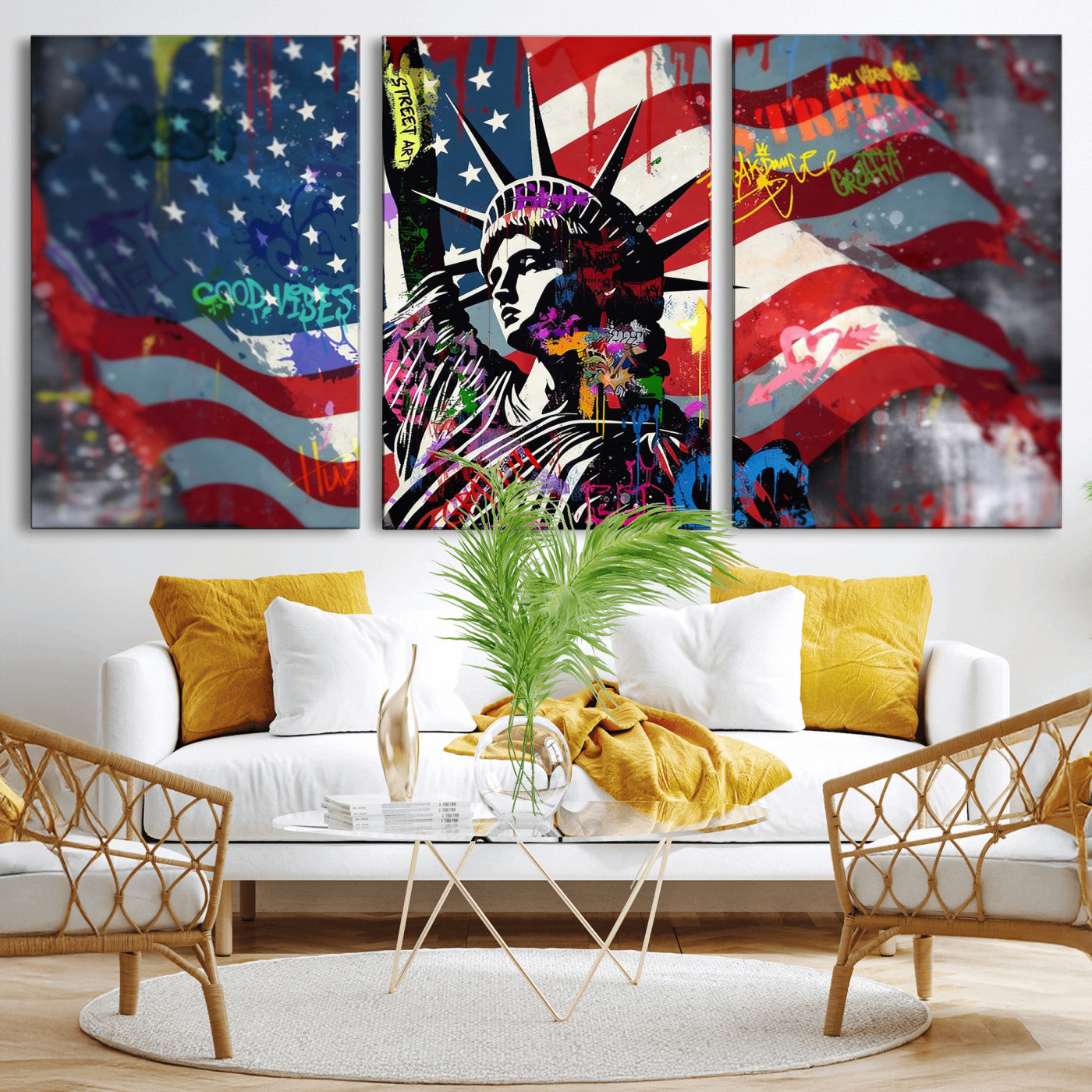 32151941-MGV-CV-36X24 - USA Statue of Liberty Graffiti Street Art Wall Art Canvas Print, American Flag Urban Pop Art Canvas Print, Modern Patriotic Street Art Contemporary Art Printing