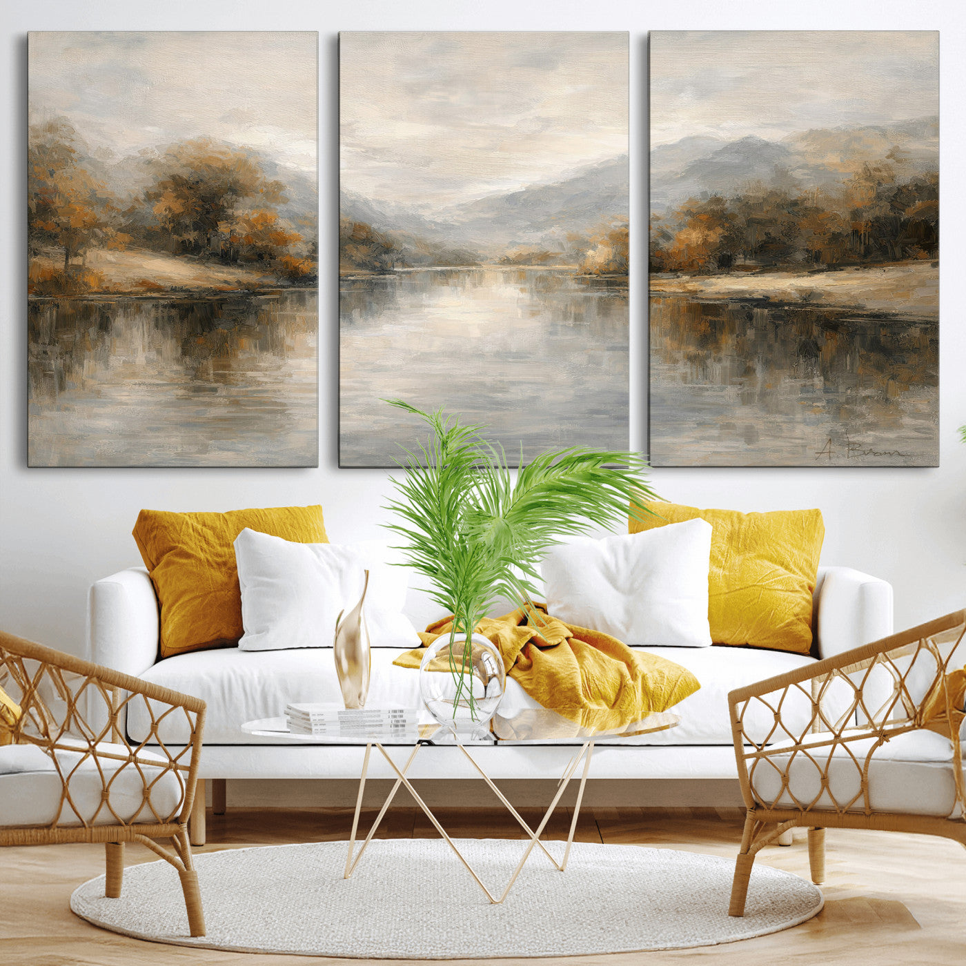 29251761-MGV-CV-36X24 - Neutral Abstract River Landscape Wall Art Canvas Print, Modern Minimal Nature Reflection Canvas Print, Beige Gray Contemporary Mountain Art Printing