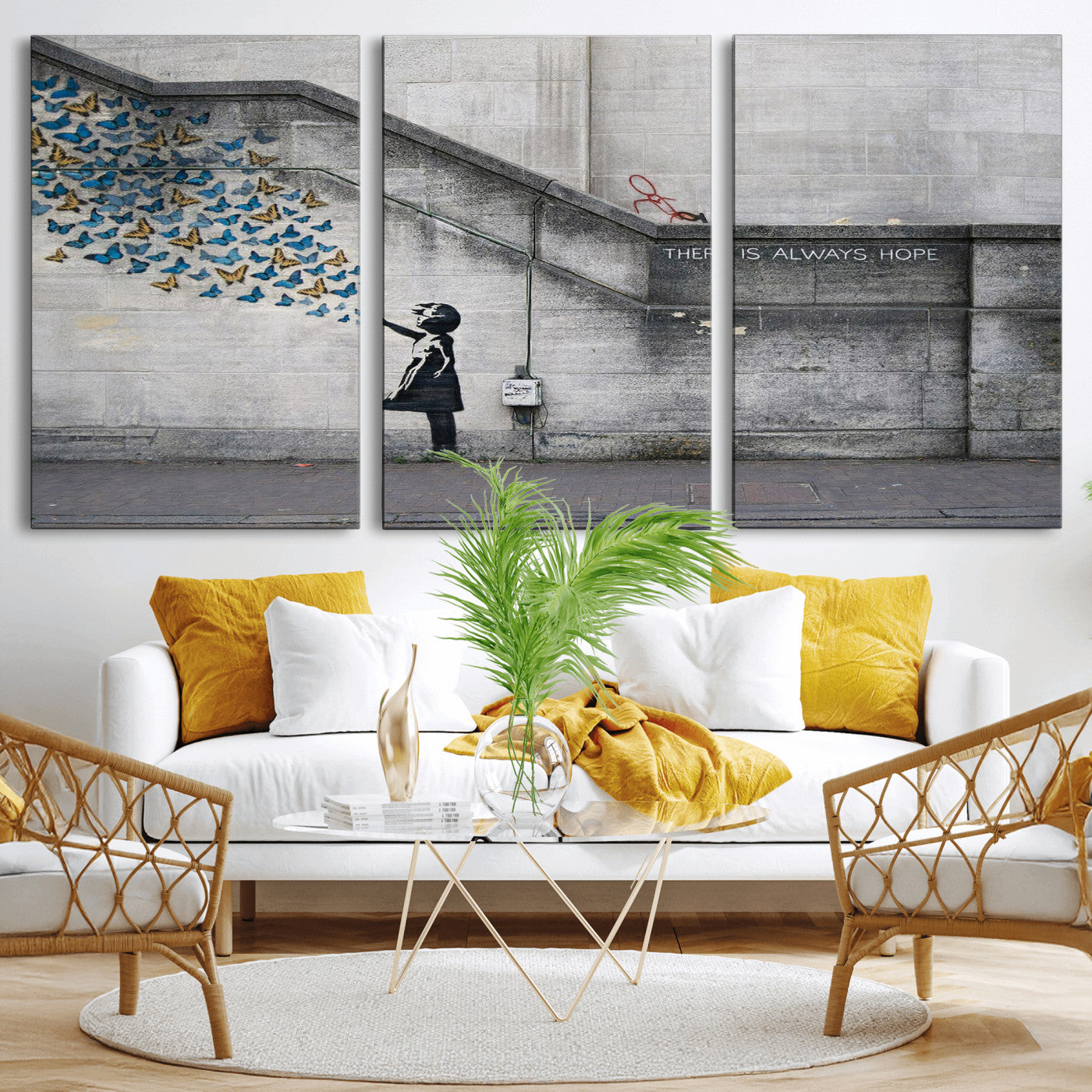 15274223-MGV-CV-36X24 - Banksy Girl with Butterflies Street Art Wall Art Canvas Print, Hope Graffiti Urban Art Canvas Print, Minimalist Inspirational Street Art Contemporary Art Printing
