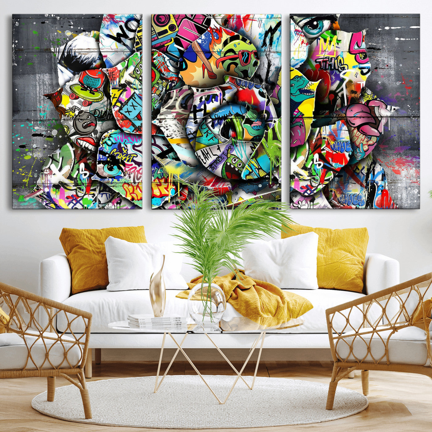 77553344-MGV-CV-36X24 - Abstract Graffiti Collage Street Art Wall Art Canvas Print, Colorful Urban Pop Art Canvas Print, Modern Graffiti Patchwork Contemporary Art Printing