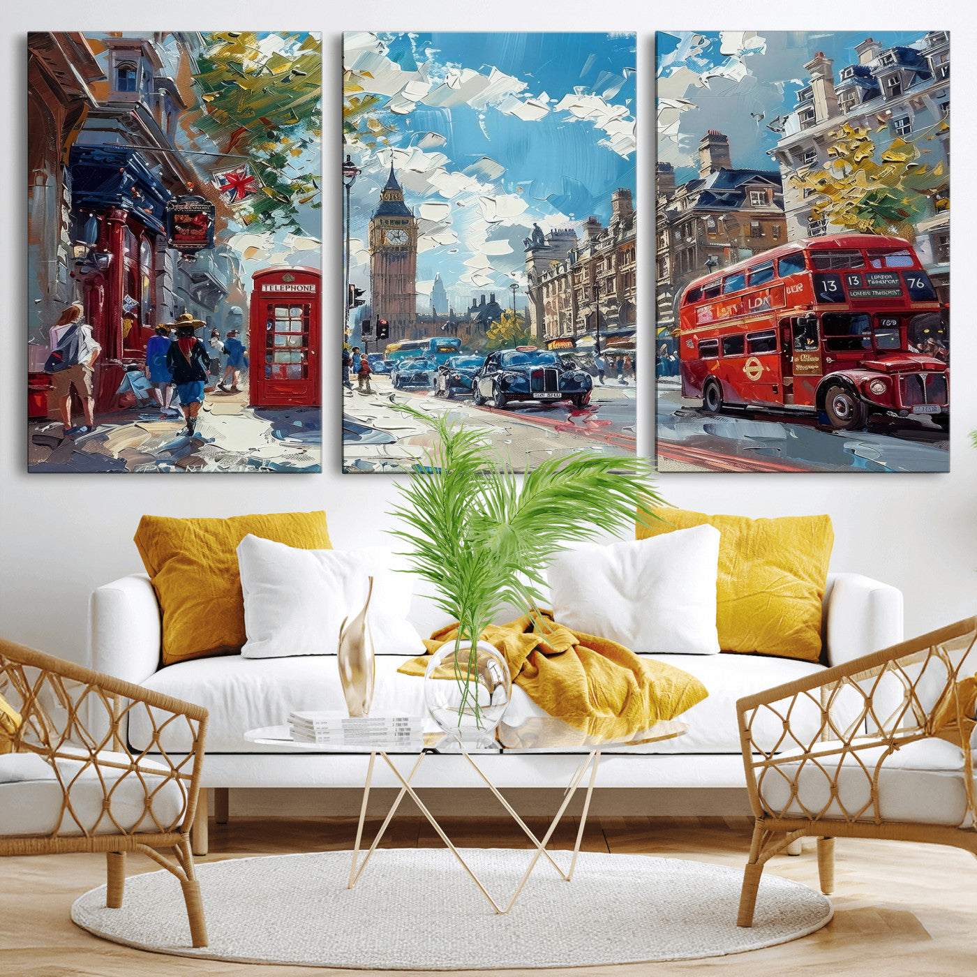 17630888-MGV-CV-36X24 - Modern London City Street Wall Art Canvas Print, Big Ben & Red Bus Artwork Canvas Print