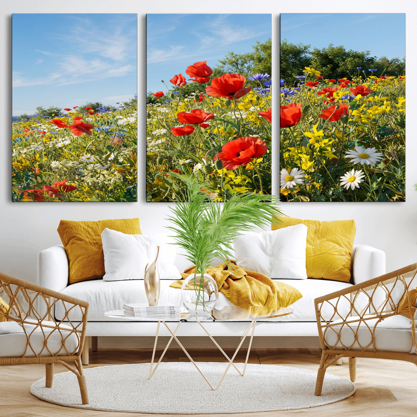 38570784-MGV-CV-36X24 - Wildflower Meadow Wall Art Canvas Print – Colorful Poppy and Daisy Field Landscape Artwork for Living Room Decor