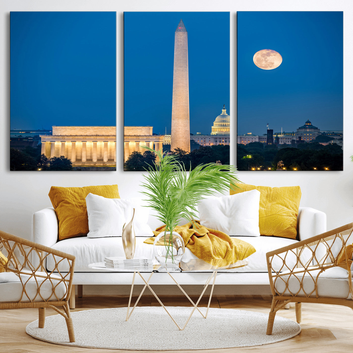 96712946-MGV-CV-36X24 - Washington DC Skyline Wall Art Canvas Print – Lincoln Memorial, Washington Monument and US Capitol Night Cityscape Artwork