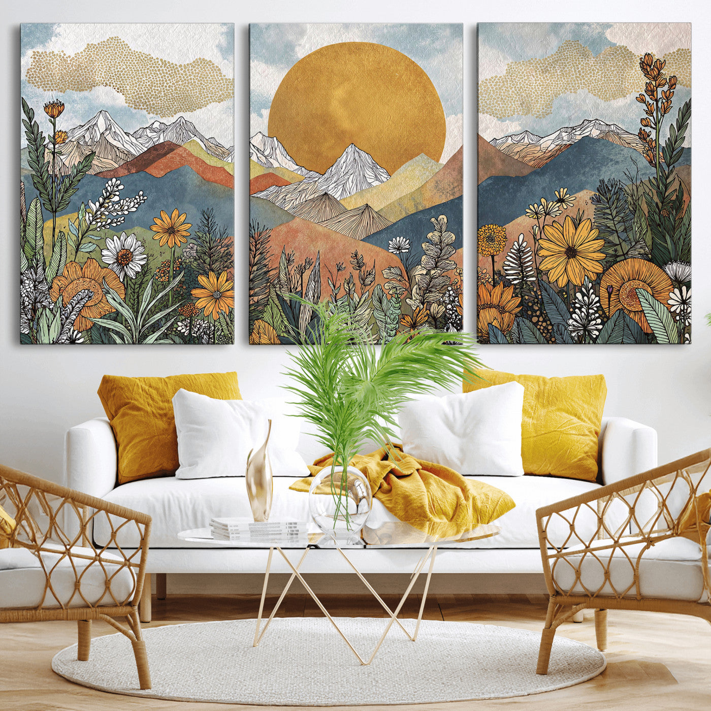 17540863-MGV-CV-36X24 - Boho Mountain Landscape Large Wall Art, Horizontal Gold Framed Canvas Print with Sun and Flowers