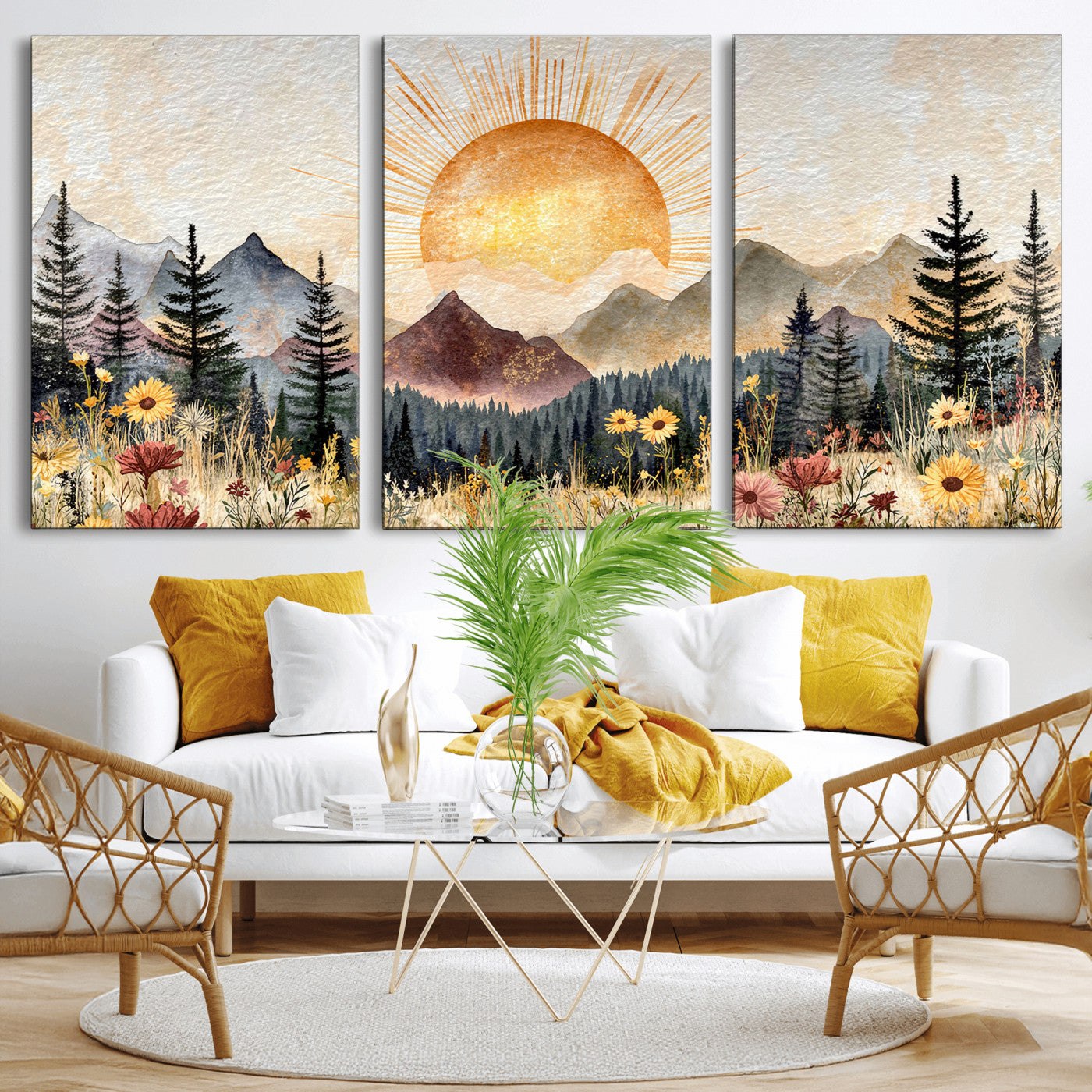 69025244-MGV-CV-36X24 - Boho Mountain Landscape Large Wall Art, Horizontal Gold Framed Canvas Print with Sun and Flowers