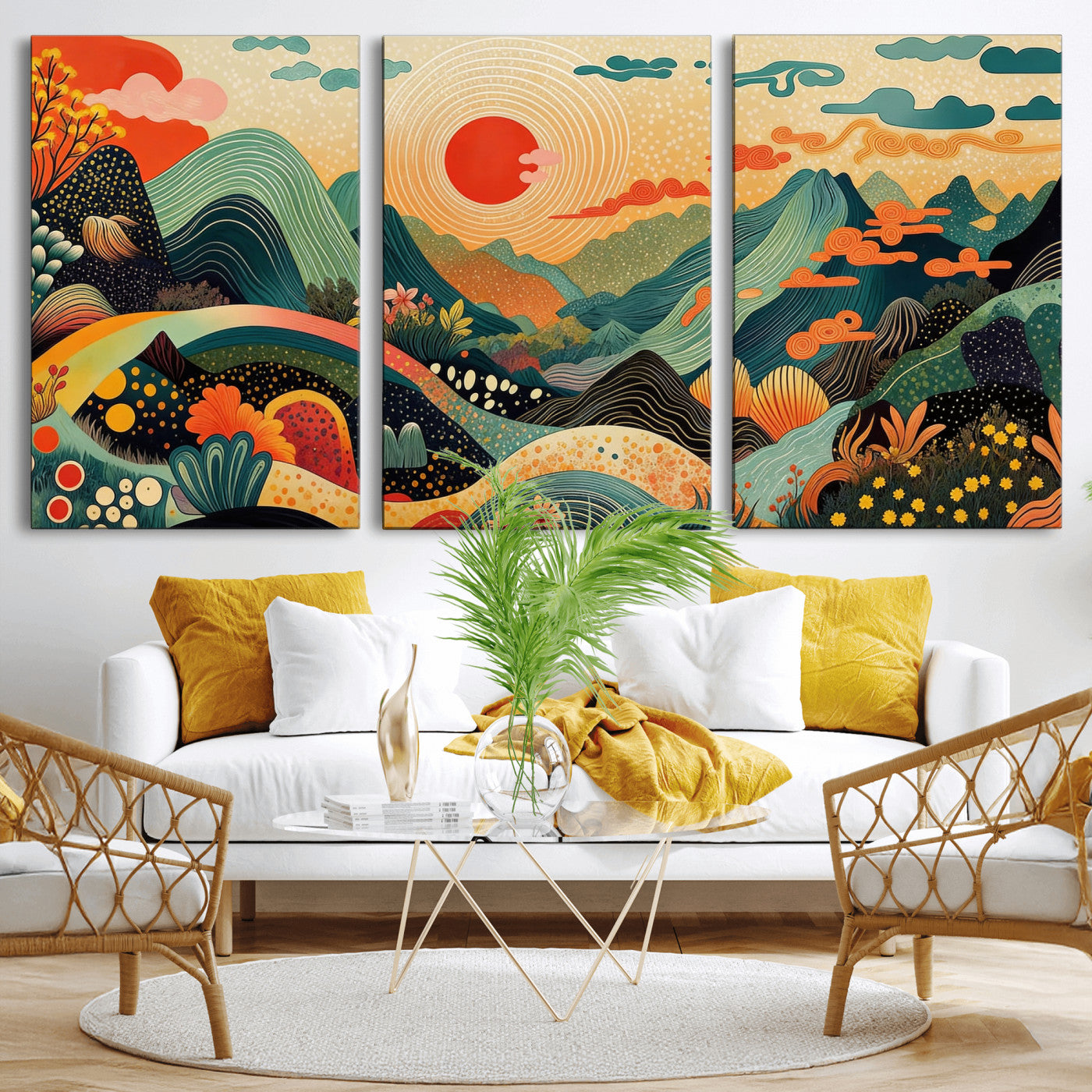 29927191-MGV-CV-36X24 - Yayoi Kusama Boho Mountain Landscape Large Wall Art, Horizontal Gold Framed Canvas Print with Sun and Flowers