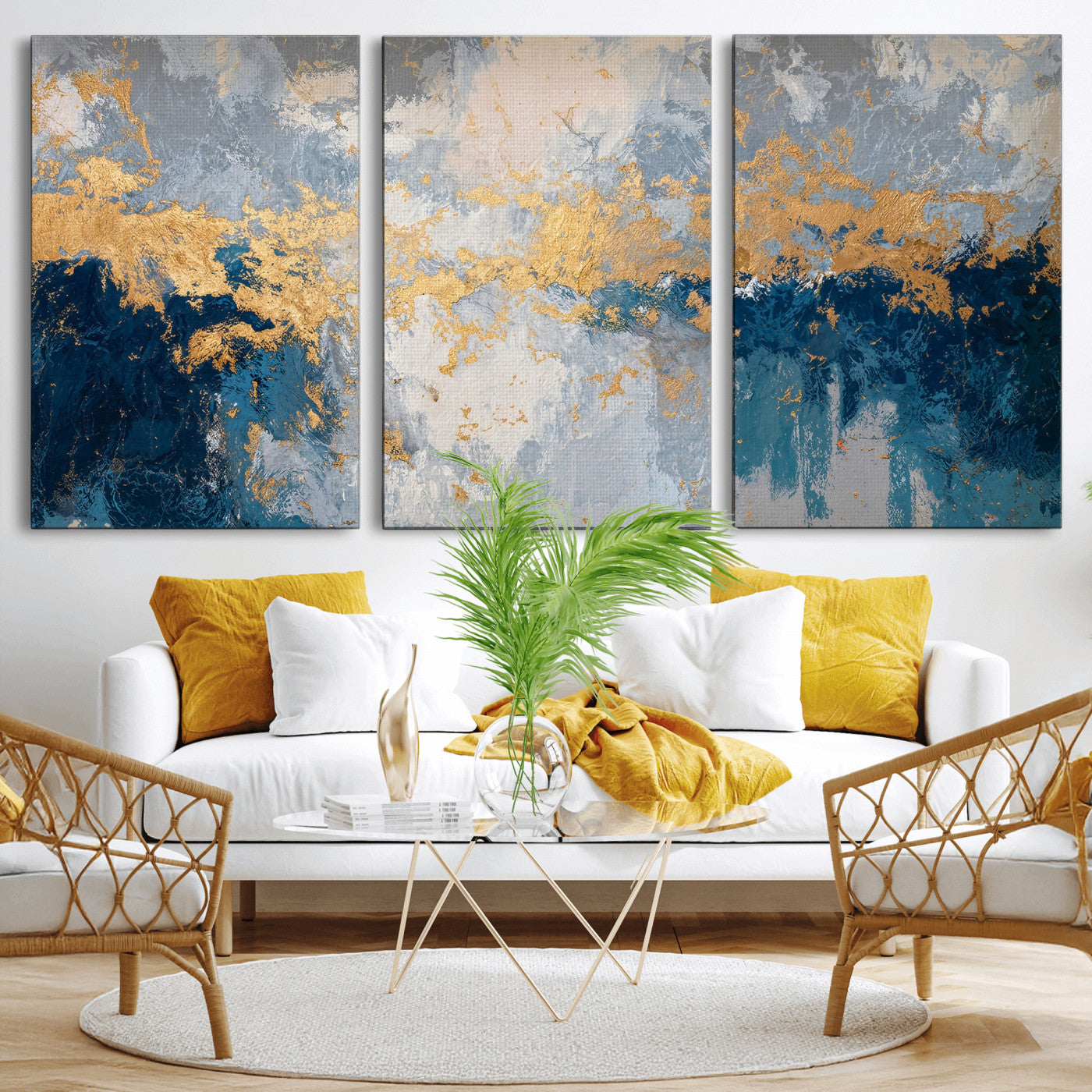 65386119-MGV-CV-36X24 - Blue Gold Abstract Large Framed Canvas Wall Art, Modern Luxury Painting Print in Horizontal Oversized Minimal Wall Decor Artwork