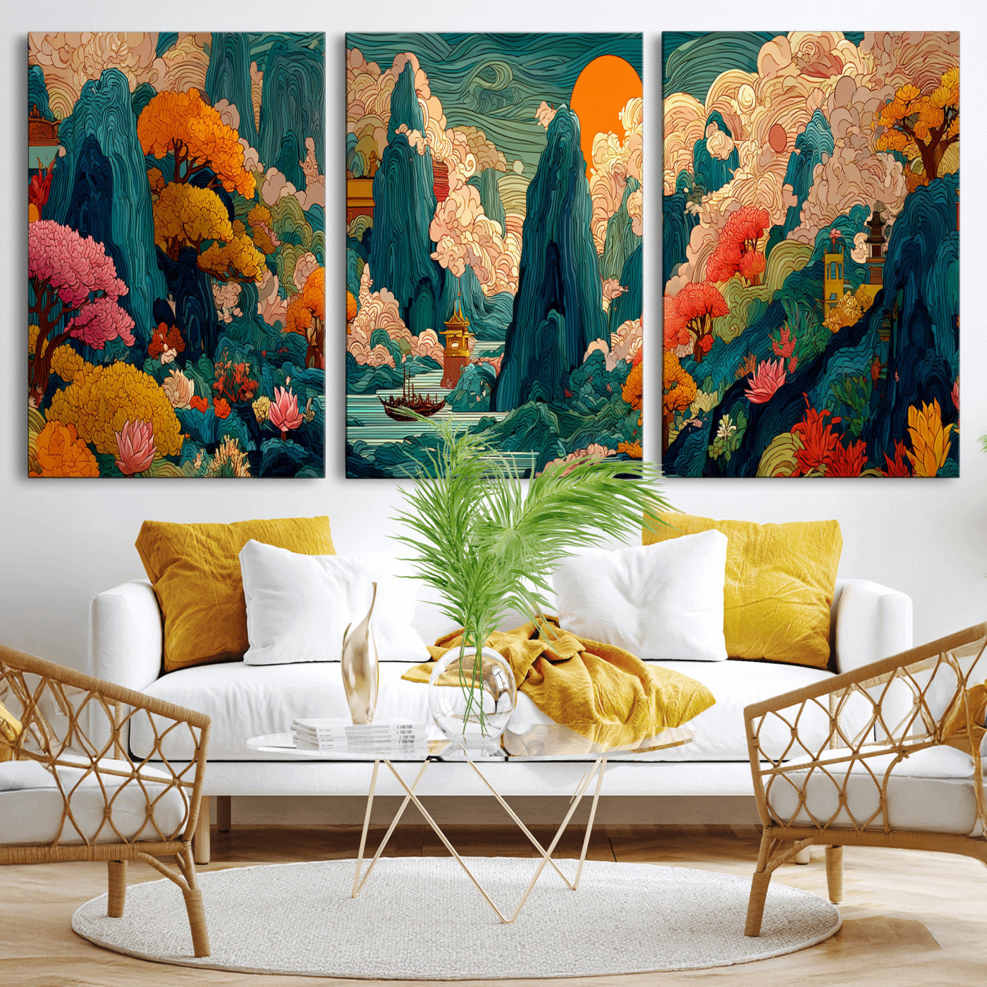 90422518-MGV-CV-48X32-3P - Colorful Japanese Landscape Print: Maximalist Panoramic Wall Art