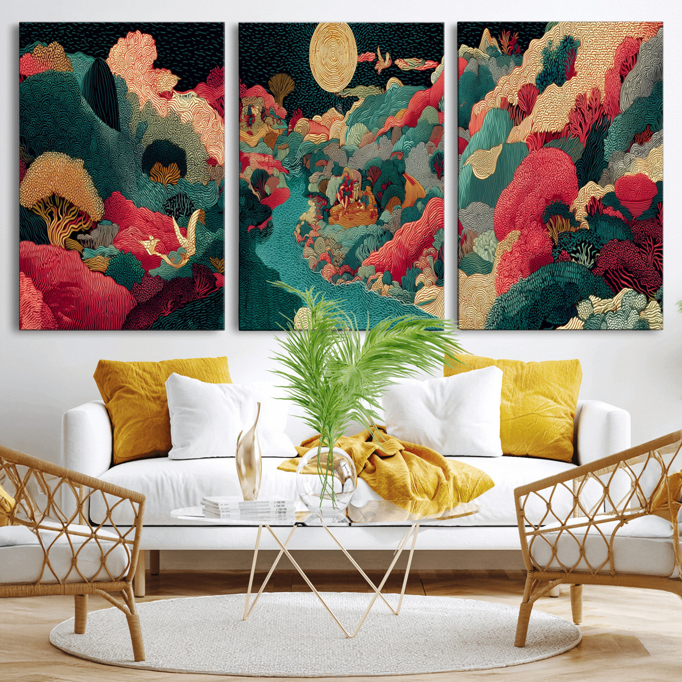 36816259-MGV-CV-48X32-3P - Colorful Japanese Landscape Print: Maximalist Panoramic Wall Art