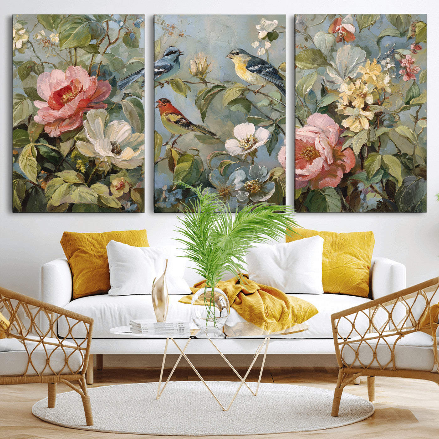 55440837-MGV-CV-36X24 - Vintage Birds and Flowers Wall Art Canvas Print, Botanical Bird Painting Canvas Print, Floral Garden Bird Artwork Canvas Print, Classic Bird Flower Painting Canvas Print