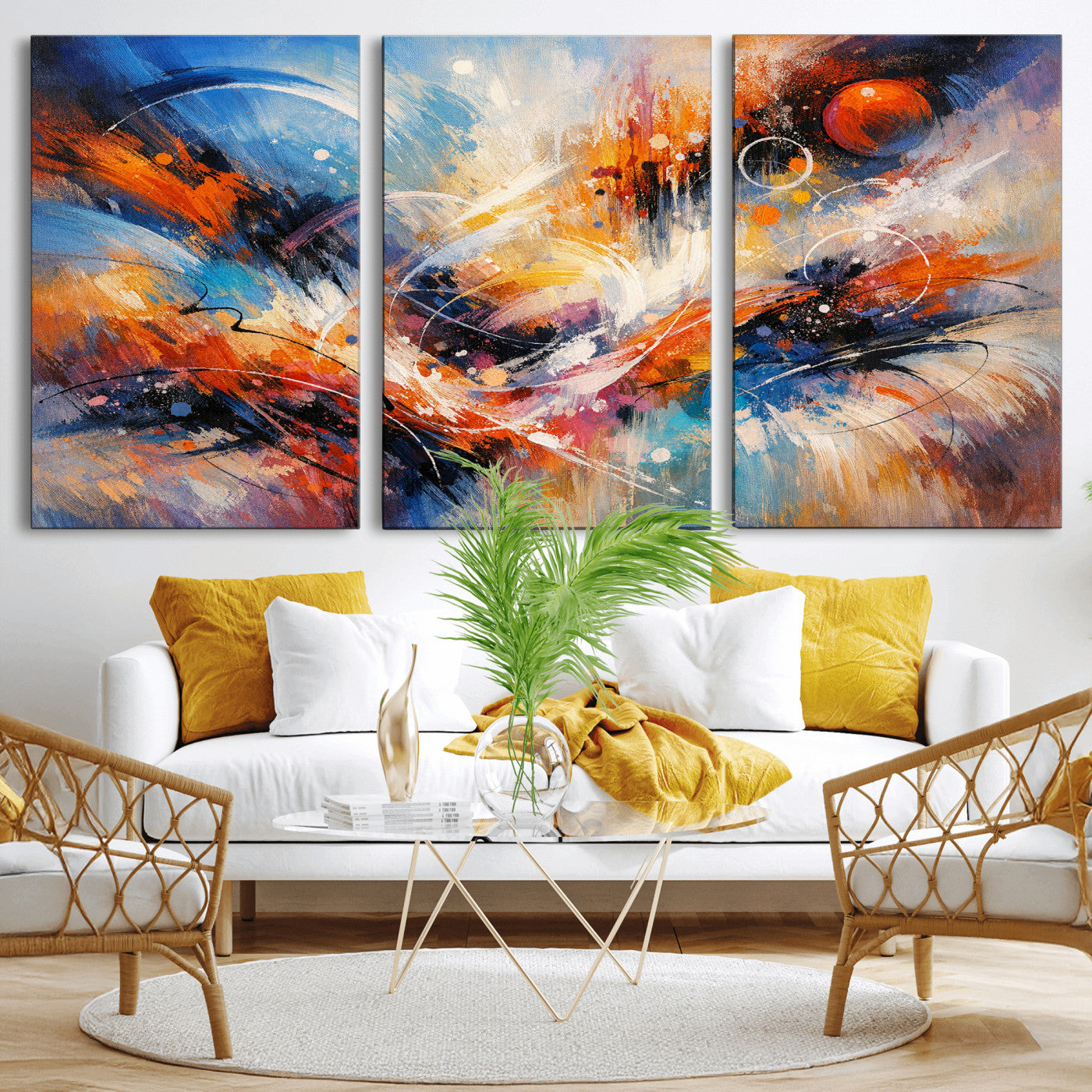47770355-MGV-CV-36X24 - Geometric Abstract Wall Art Canvas Print, Orange Blue Abstract Expressionist Painting Print, Modern Geometric Abstract Canvas Art